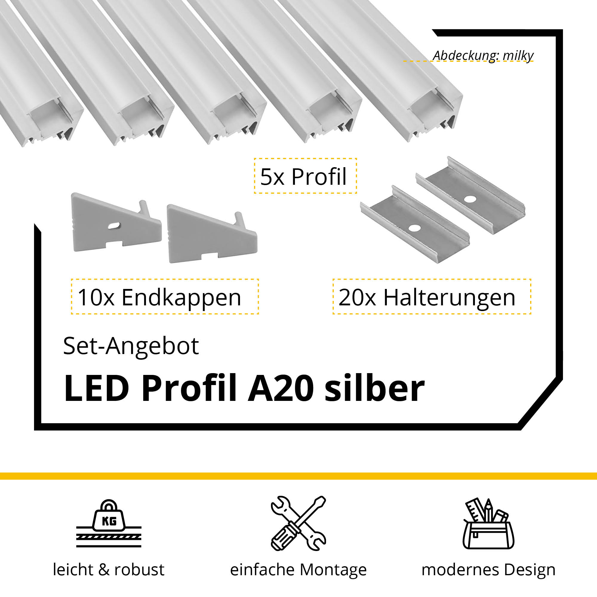 5x A20 LED Profil 2m - Silber inkl. Abdeckung milky, Halter & Endkappen