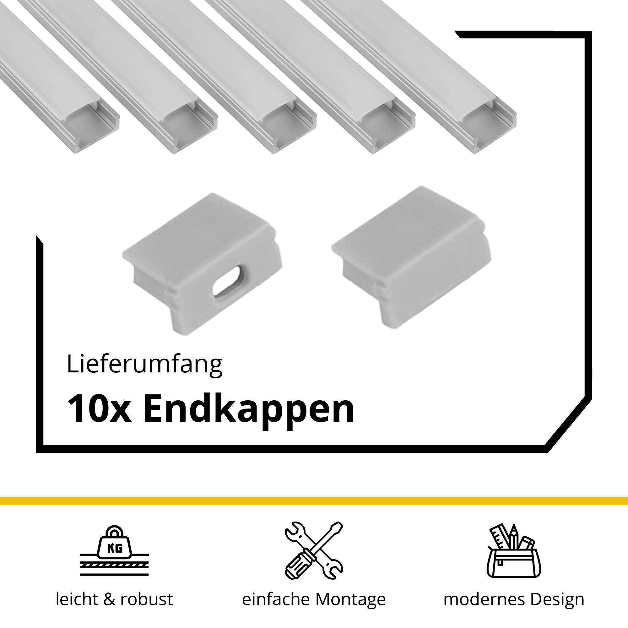 5x A15 LED Profil 2m - Silber inkl. Abdeckung opal, Halter & Endkappen