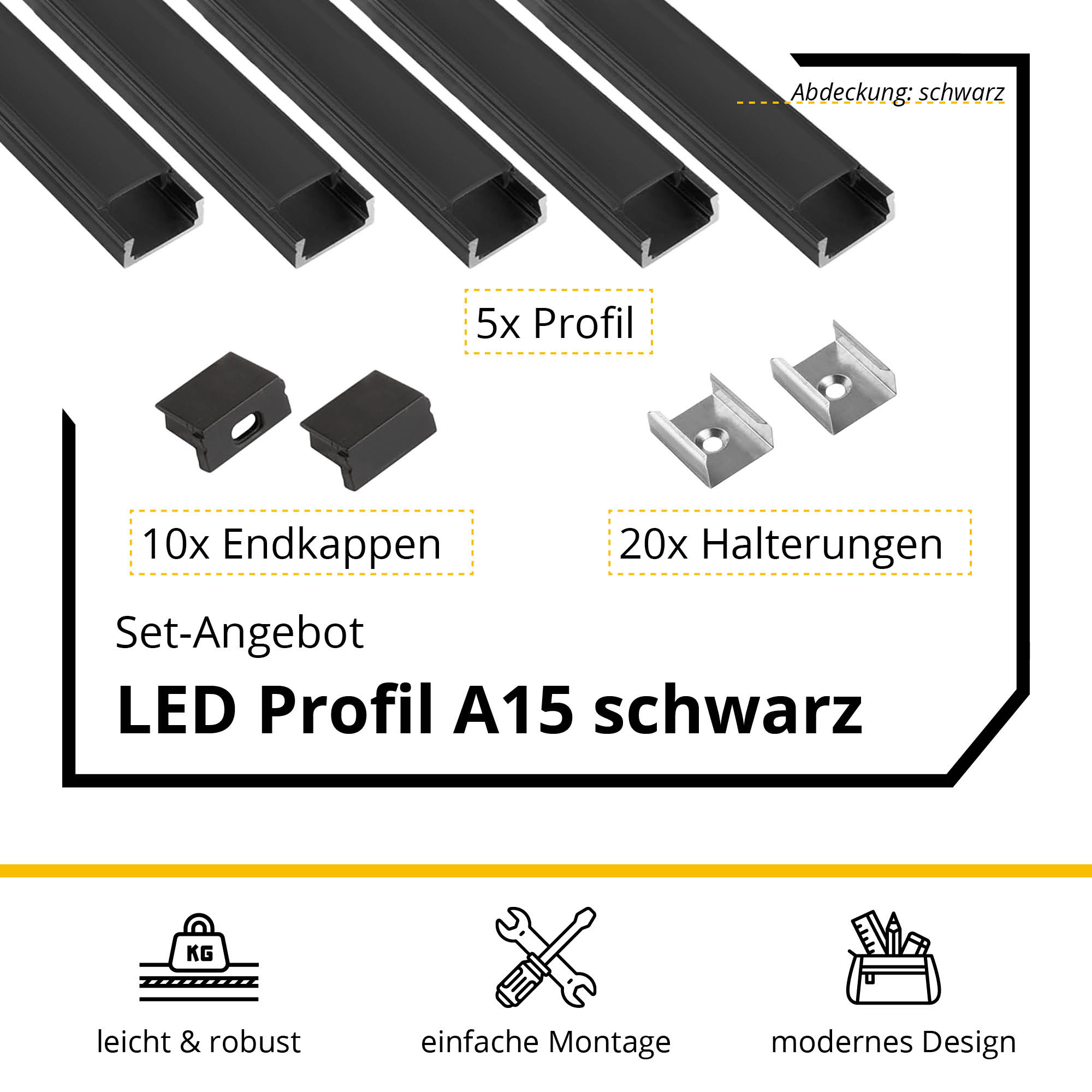5x A15 LED Profil 2m - Schwarz inkl. Abdeckung, Halter & Endkappen