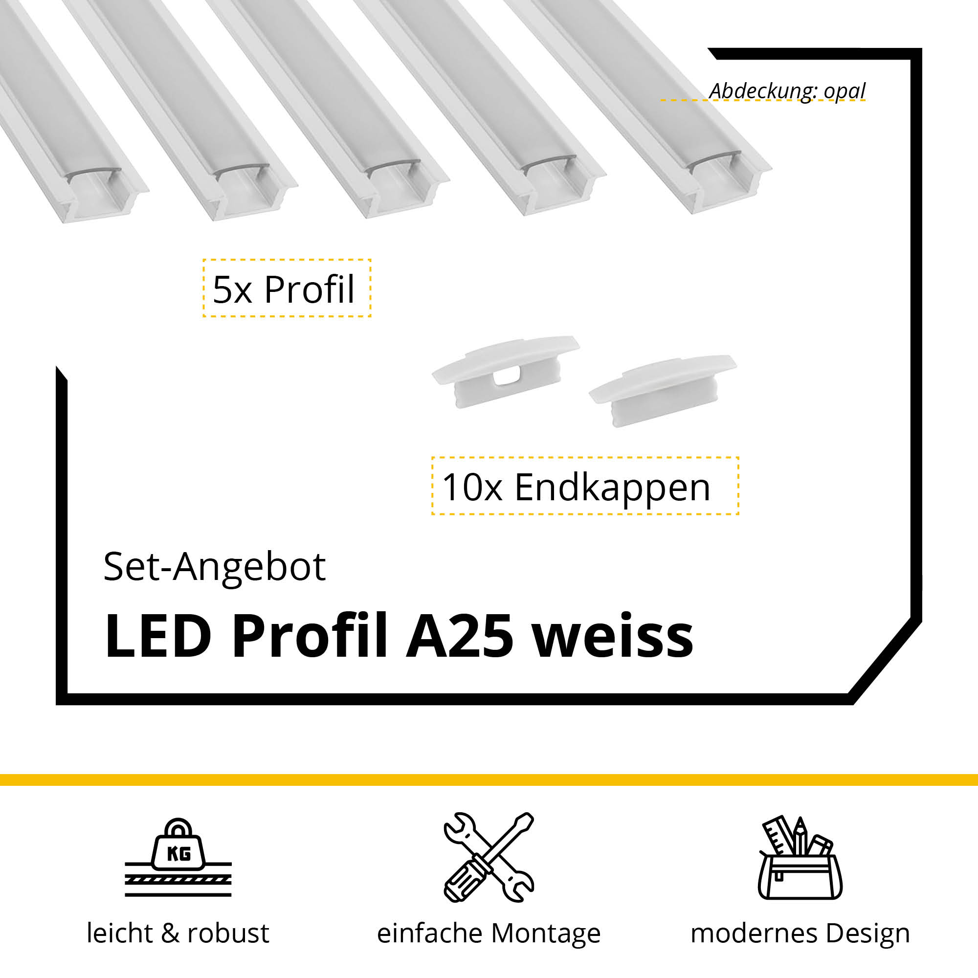 5x A25 LED Profil 2m - Weiss inkl. Abdeckung opal & Endkappen