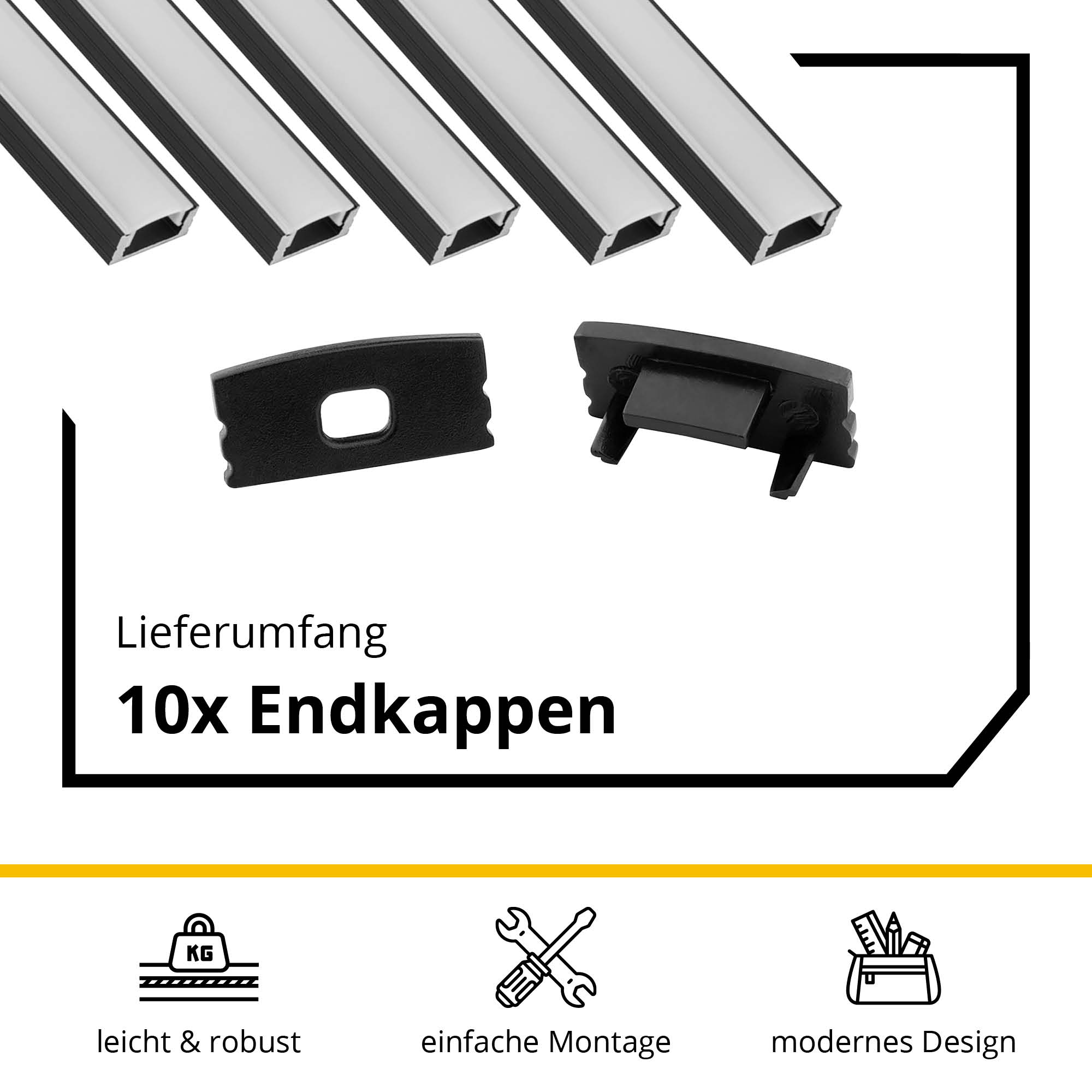 5x A17 LED Profil 2m - Schwarz inkl. Abdeckung milky, Halter & Endkappen