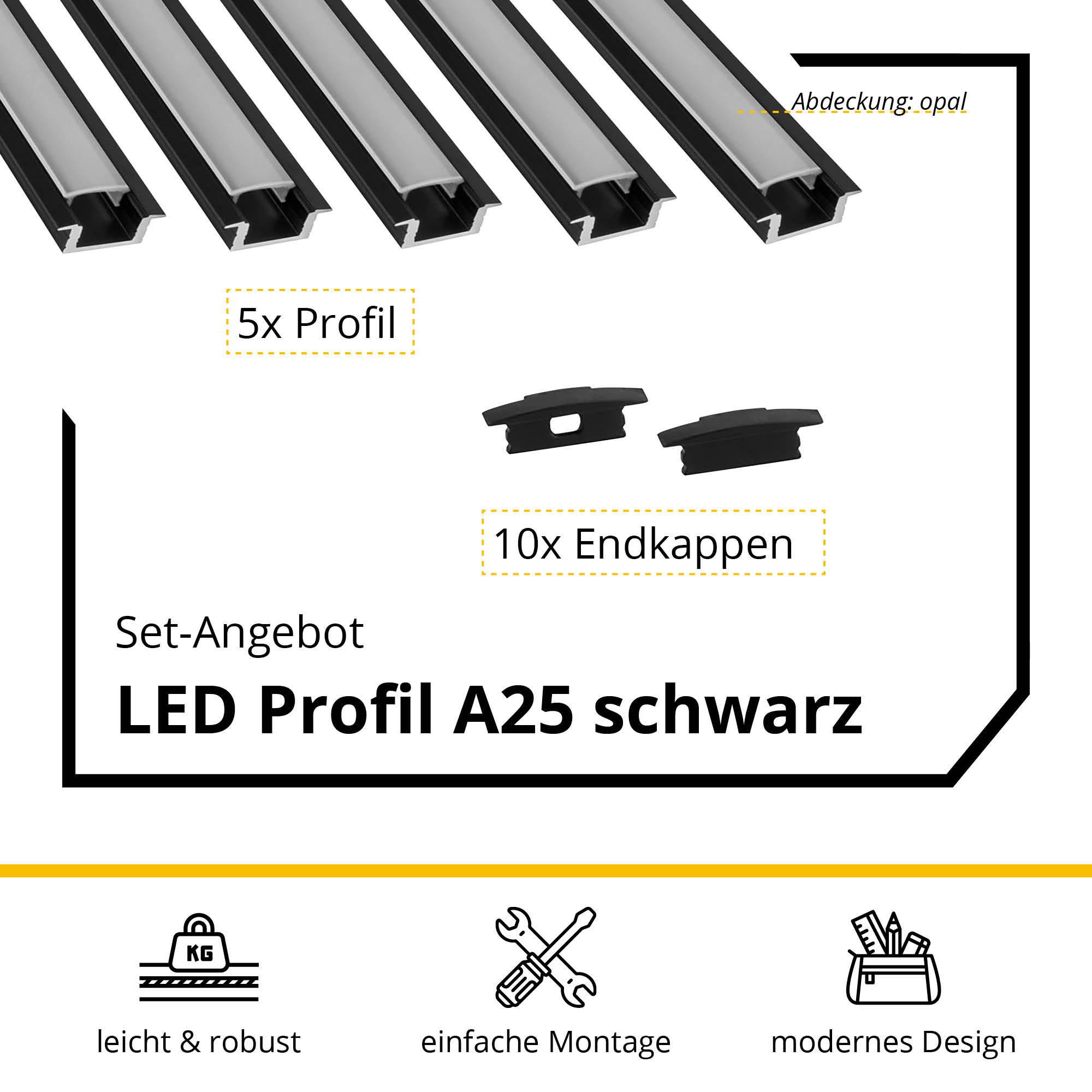 5x A25 LED Profil 2m - Schwarz inkl. Abdeckung opal & Endkappen