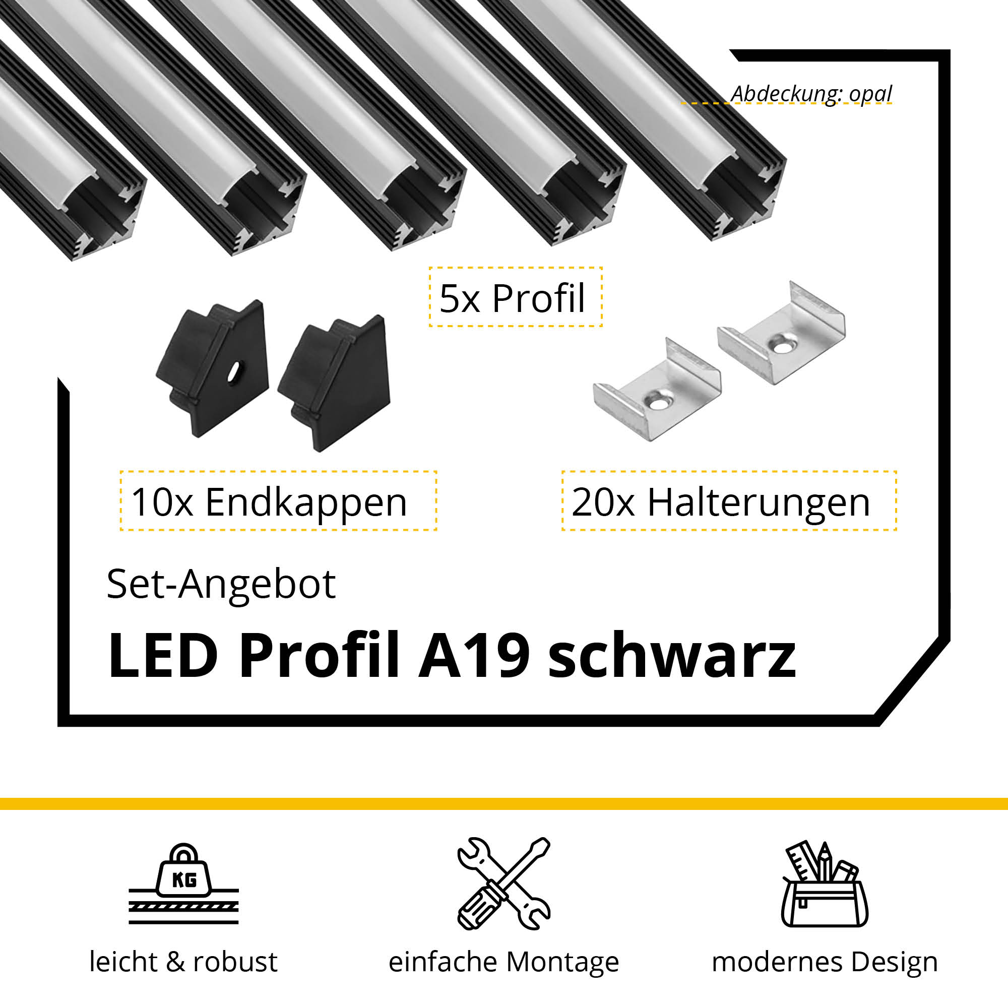 5x A19 LED Profil 2m - Schwarz inkl. Abdeckung, Halter & Endkappen 5x A19 LED Profil 2m - Schwarz inkl. Abdeckung opal, Halter & Endkappen