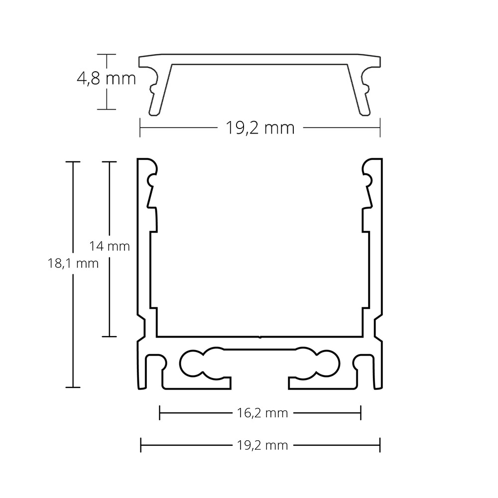 GX-PN8 LED AUFBAU-Profil 200 cm, LED Stripes max. 16 mm, schwarz RAL 9005 2x Enkappen