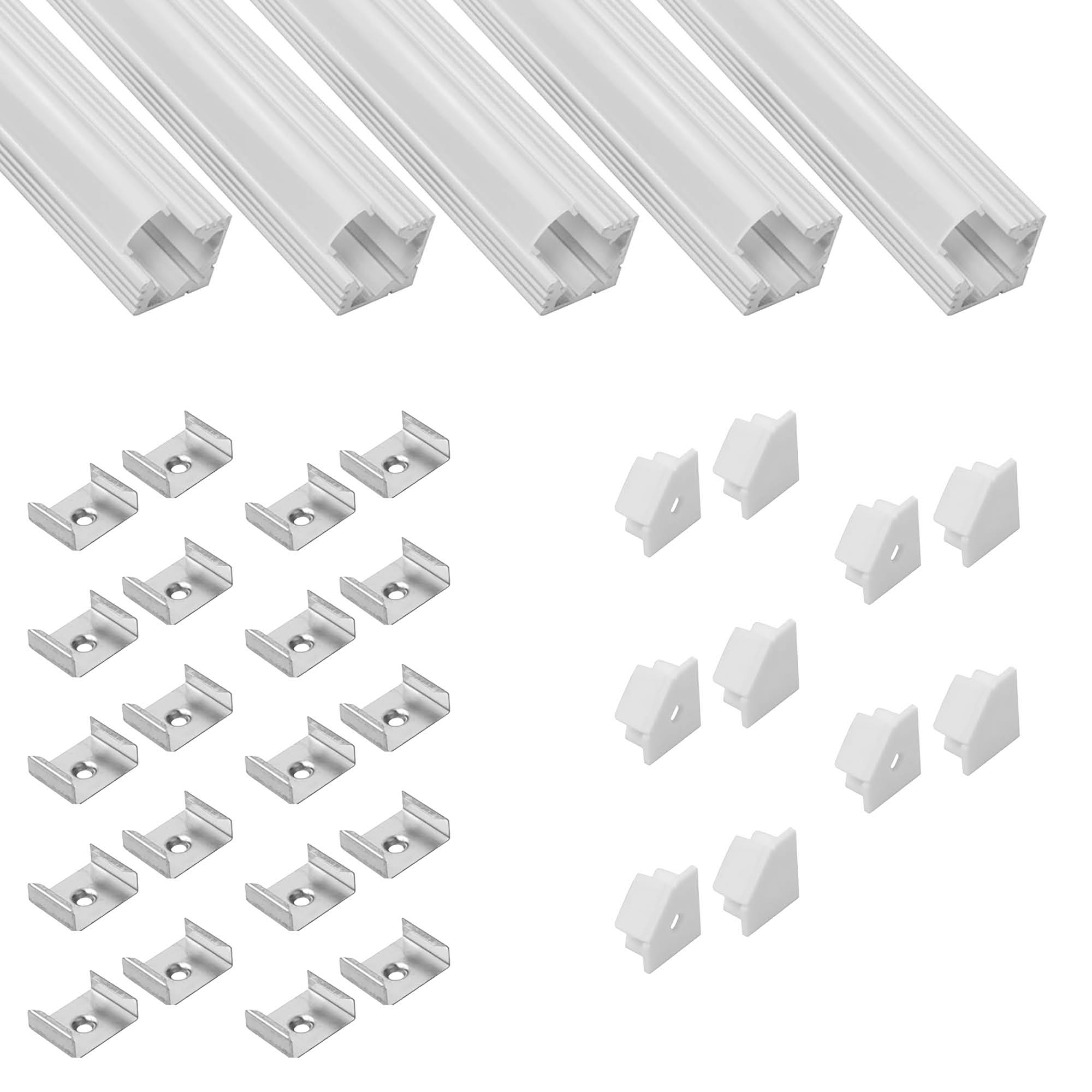 5x A19 LED Profil 2m - Weiss inkl. Abdeckung milky, Halter & Endkappen