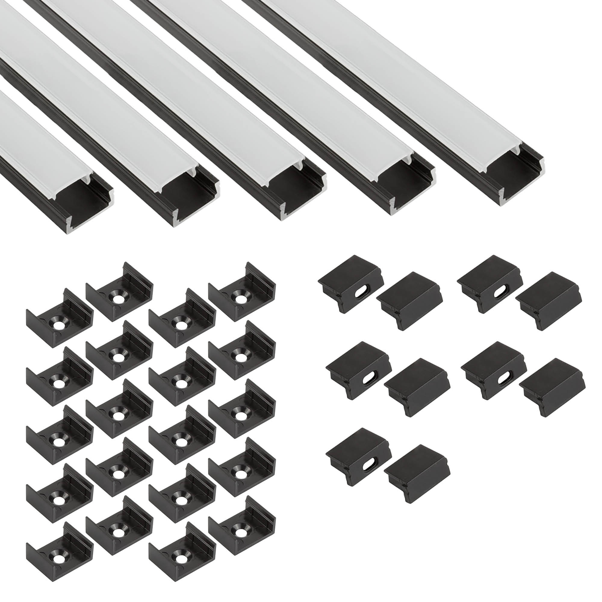 5x A15 LED Profil 2m - Schwarz inkl. Abdeckung milky, Halter & Endkappen
