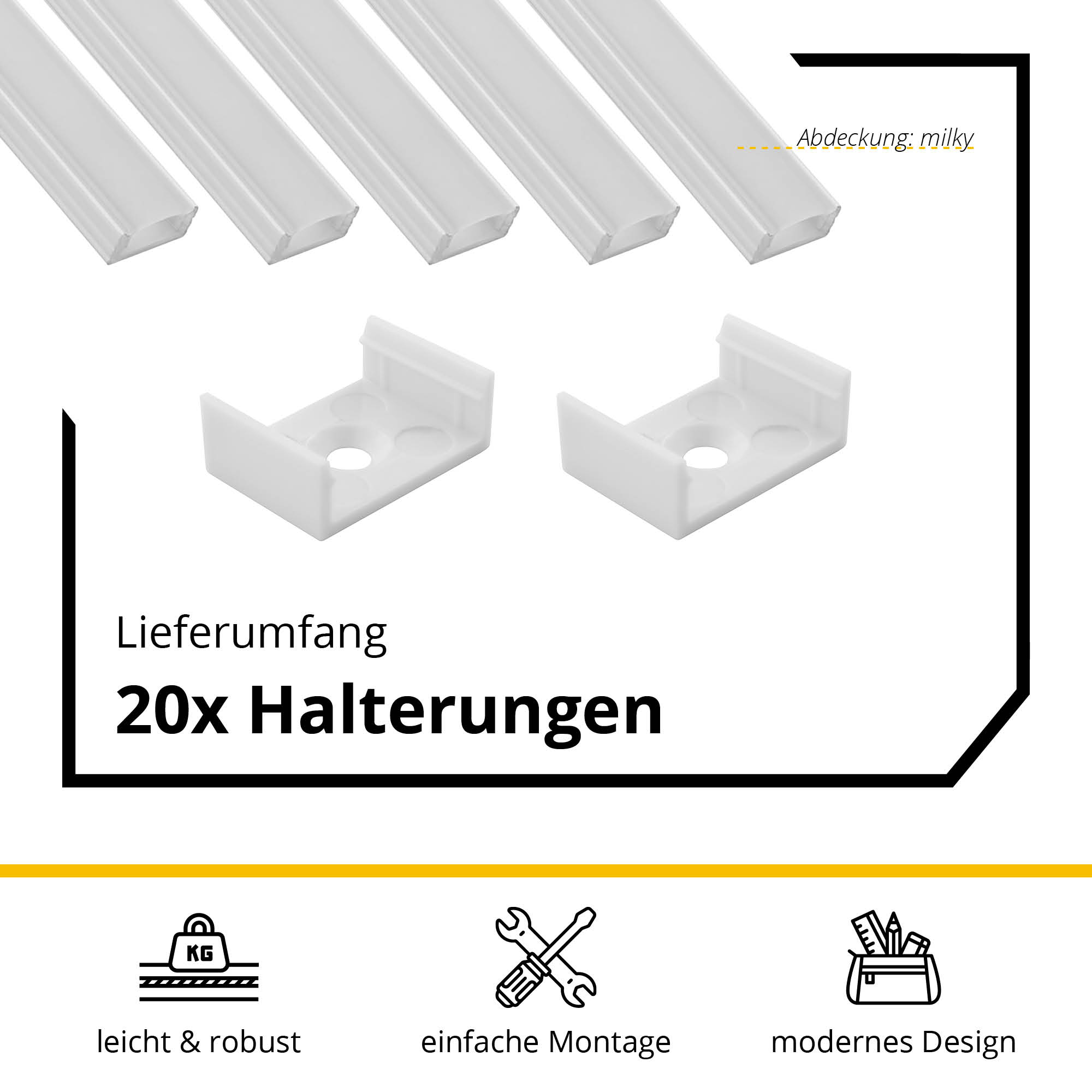 5x A17 LED Profil 2m - Weiss inkl. Abdeckung milky, Halter & Endkappen 5x A17 LED Profil 2m - Weiss inkl. Abdeckung milky, Halter & Endkappen
