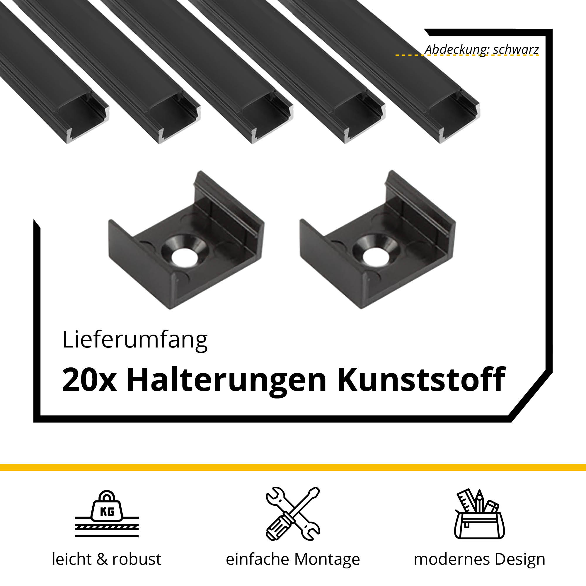 5x A15 LED Profil 2m - Schwarz inkl. Abdeckung schwarz, Halter & Endkappen