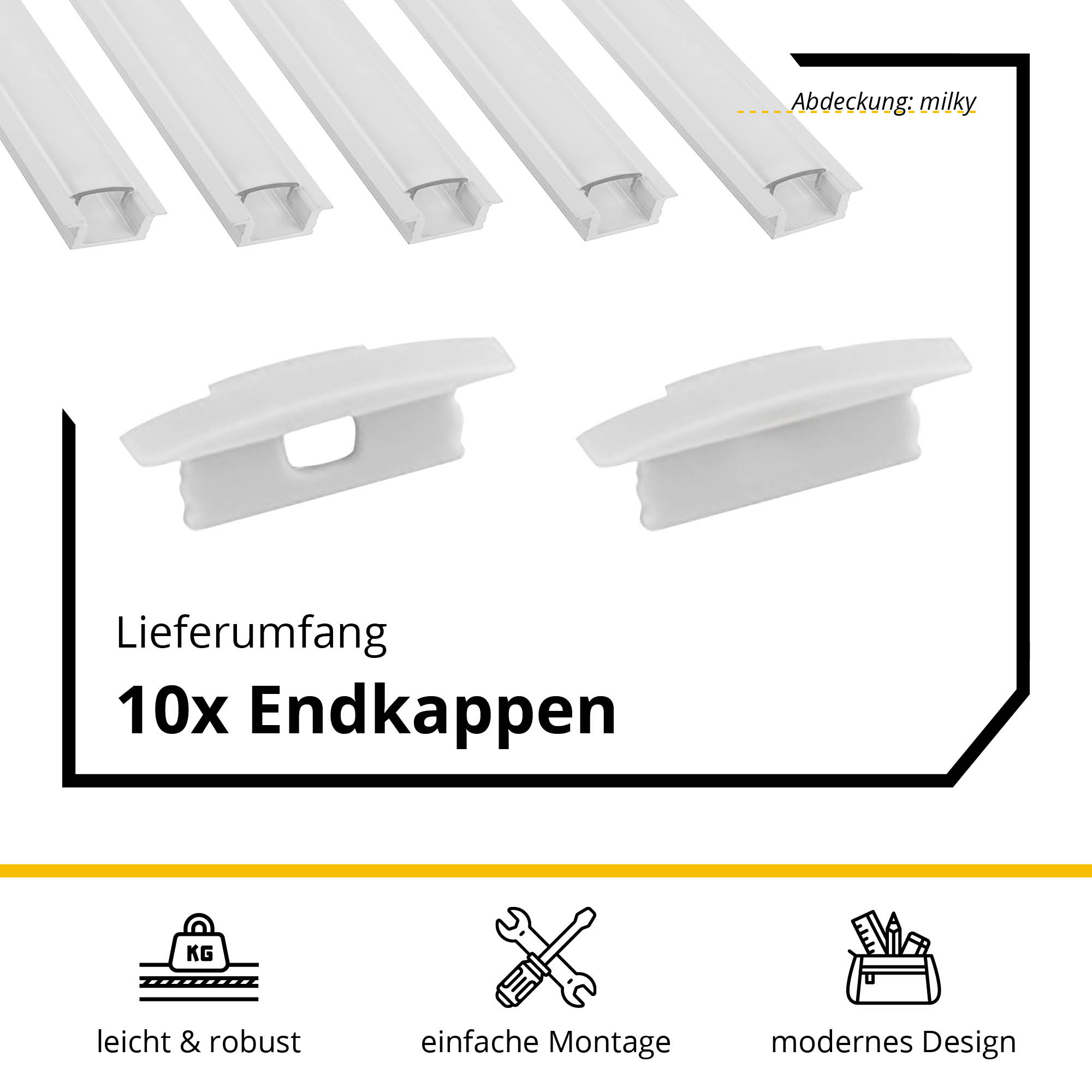 5x A25 LED Profil 2m - Weiss inkl. Abdeckung milky & Endkappen