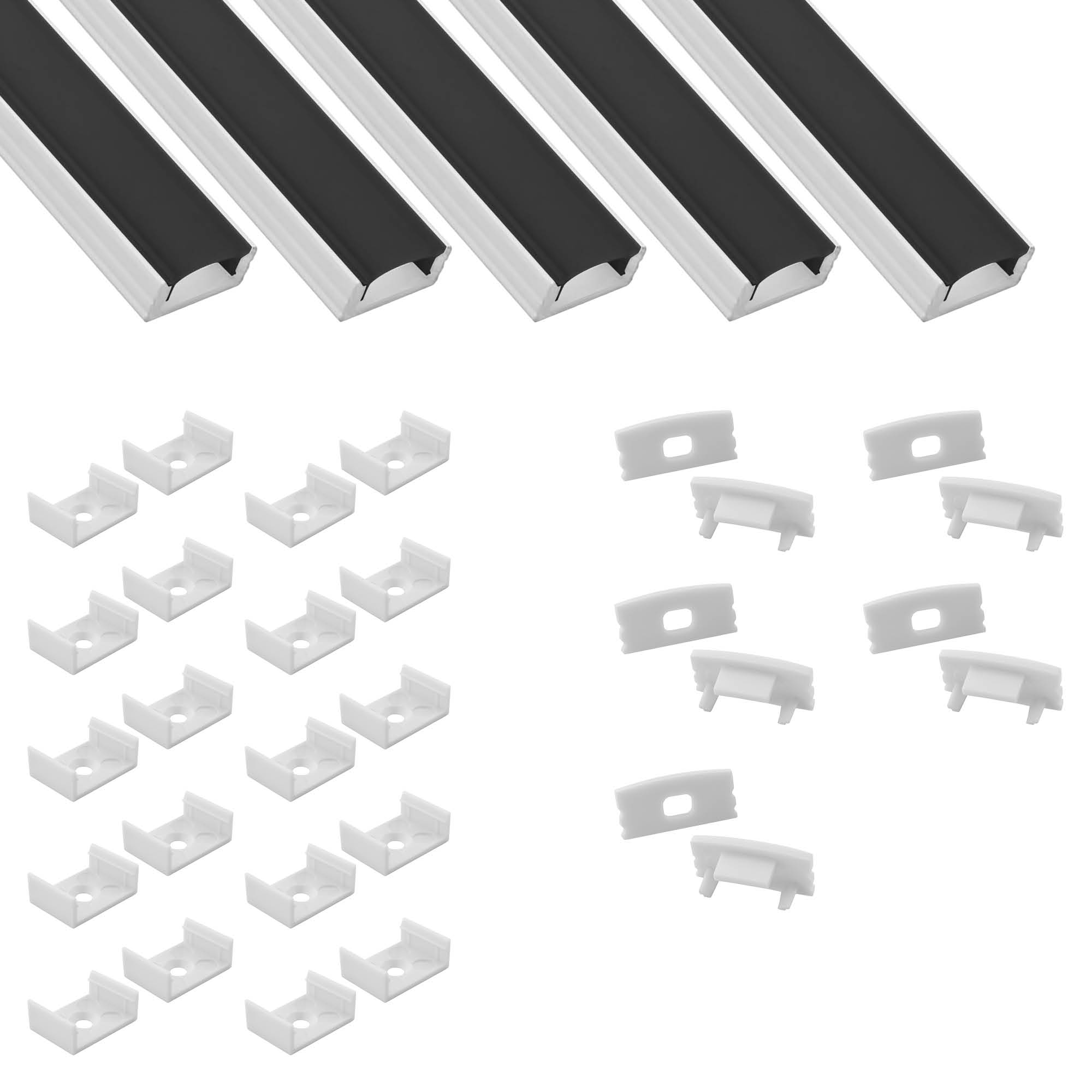 5x A17 LED Profil 2m - Weiss inkl. Abdeckung schwarz, Halter & Endkappen