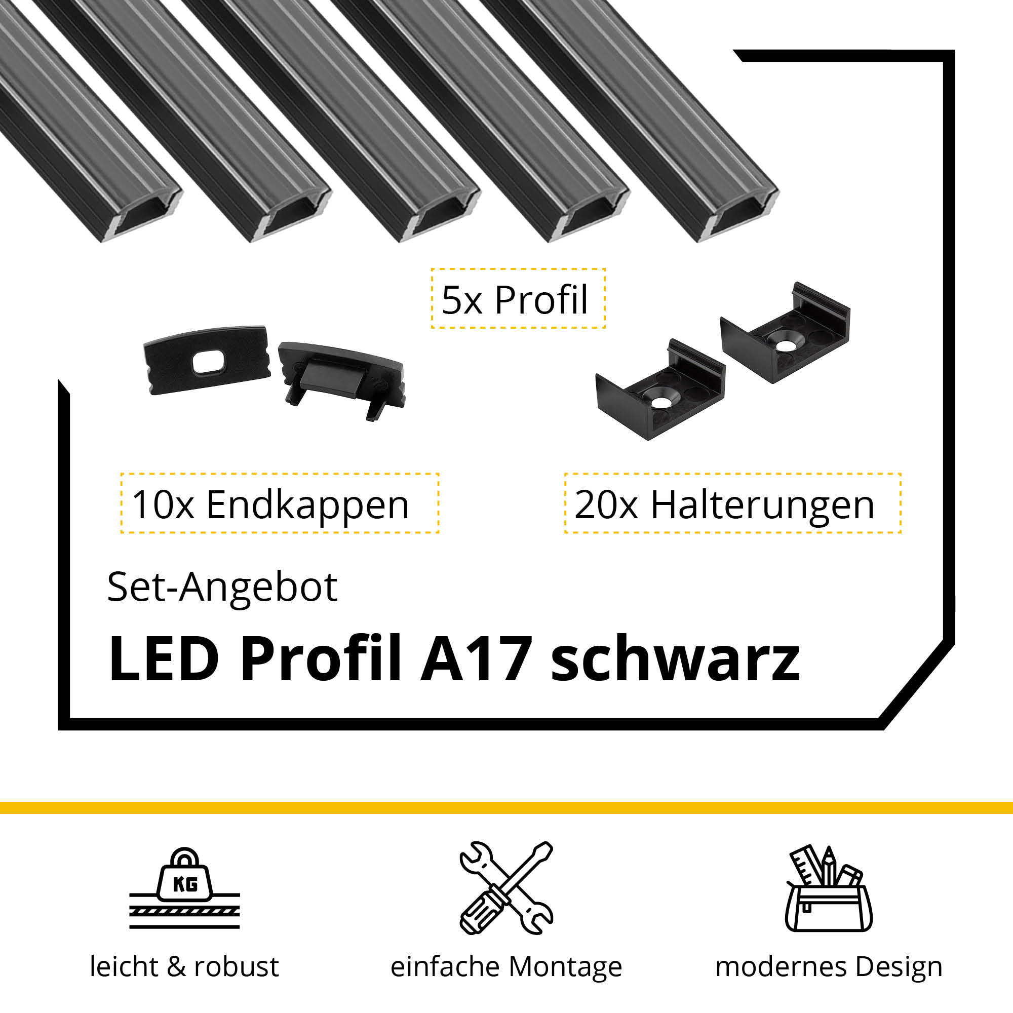 5x A17 LED Profil 2m - Schwarz inkl. Abdeckung klar, Halter & Endkappen