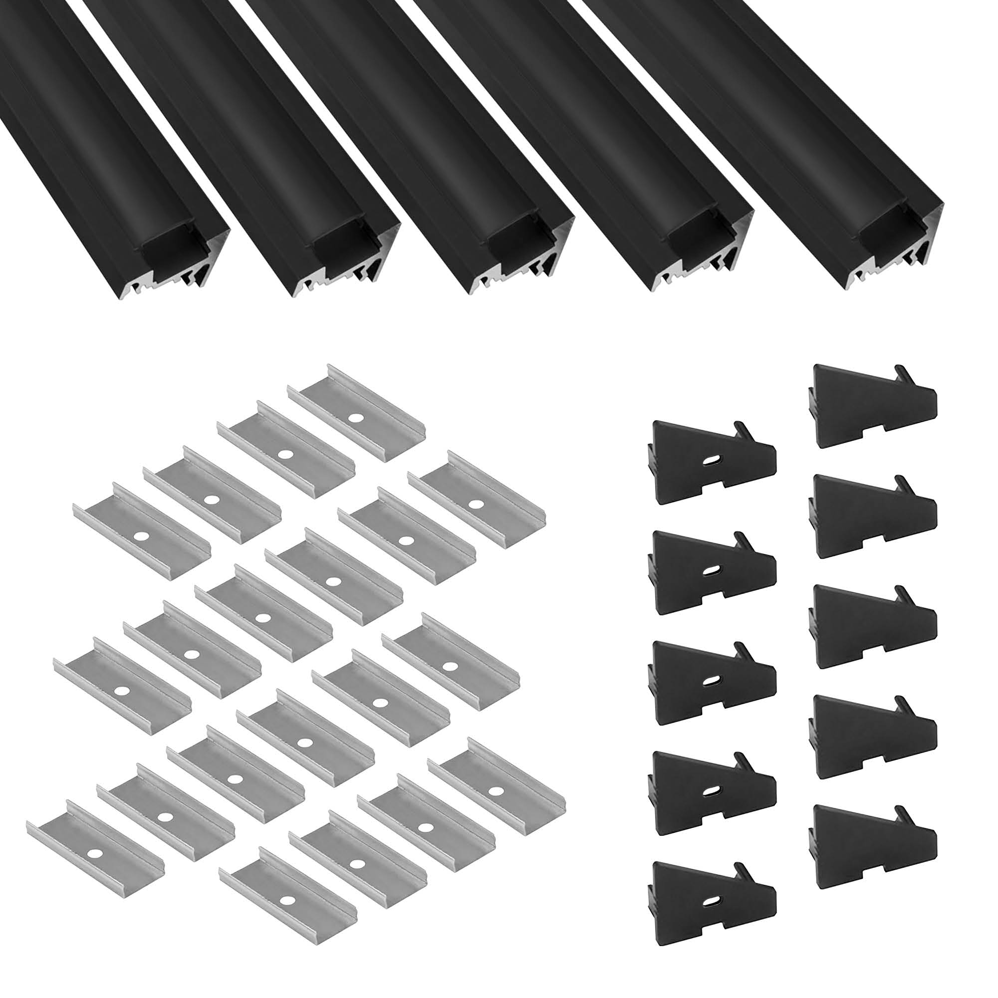 5x A20 LED Profil 2m - Schwarz inkl. Abdeckung schwarz, Halter & Endkappen