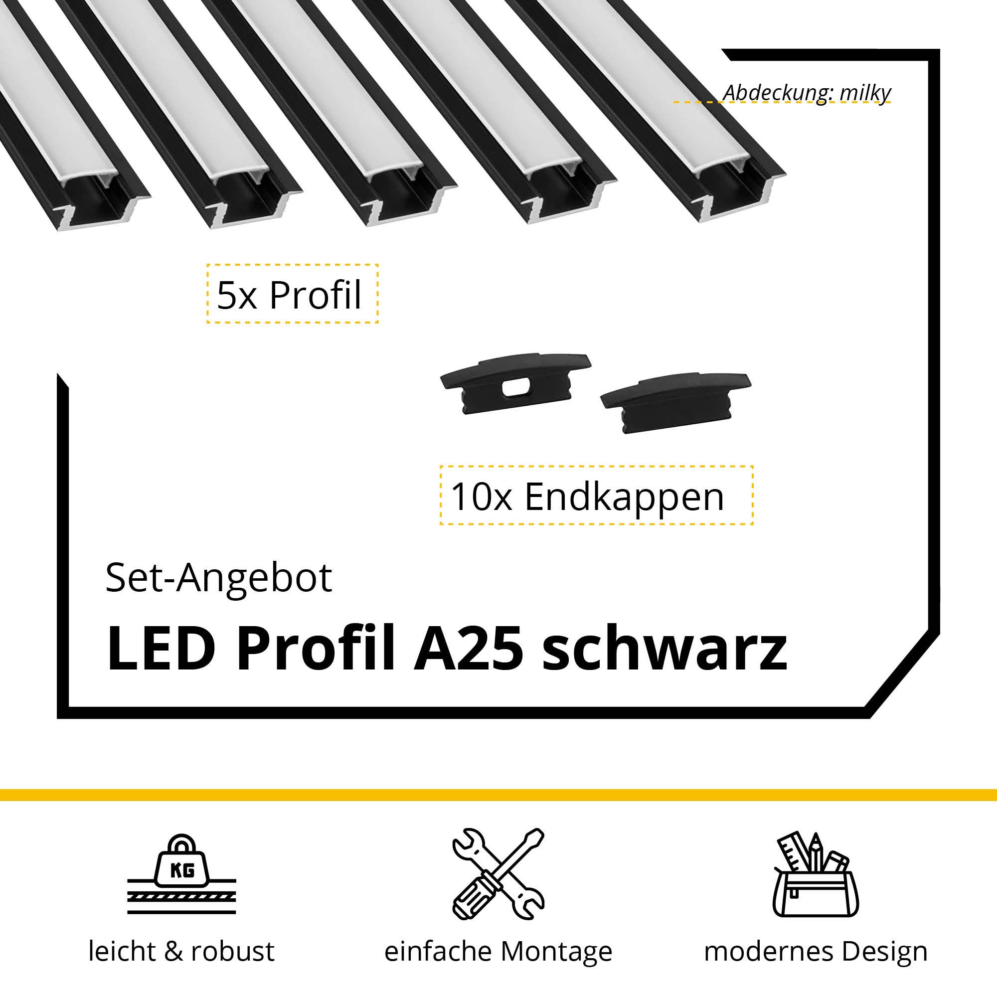 5x A25 LED Profil 2m - Schwarz inkl. Abdeckung milky & Endkappen