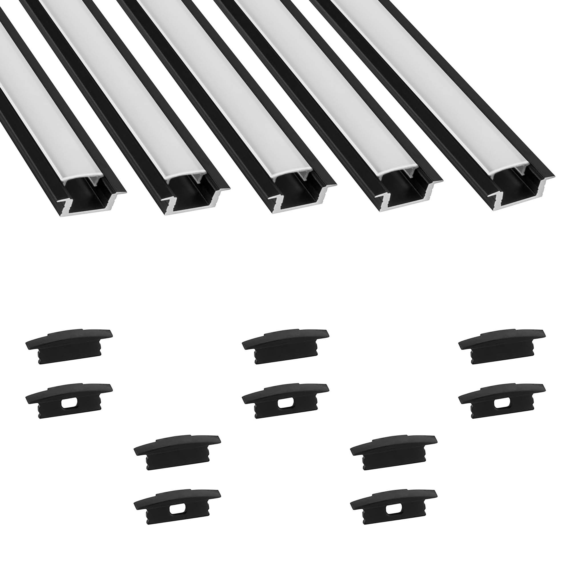 5x A25 LED Profil 2m - Schwarz inkl. Abdeckung milky & Endkappen