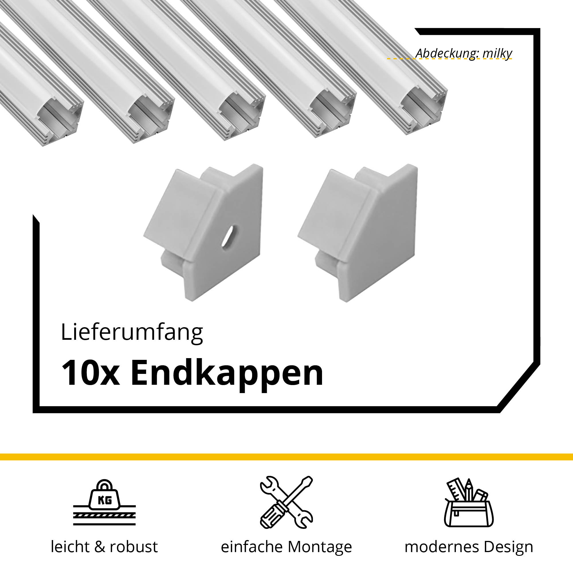 5x A19 LED Profil 2m - Silber inkl. Abdeckung milky, Halter & Endkappen