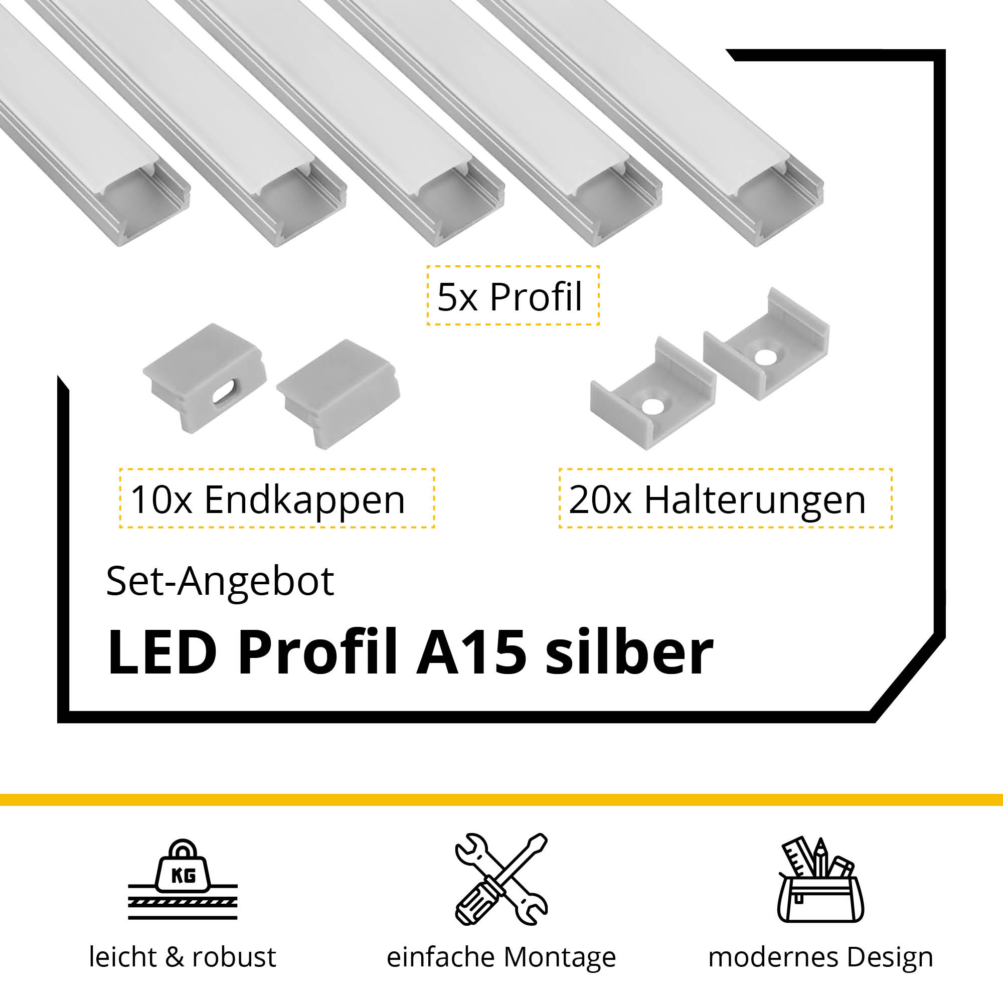 5x A15 LED Profil 2m - Silber inkl. Abdeckung, Halter & Endkappen 5x A15 LED Profil 2m - Silber inkl. Abdeckung milky, Halter & Endkappen