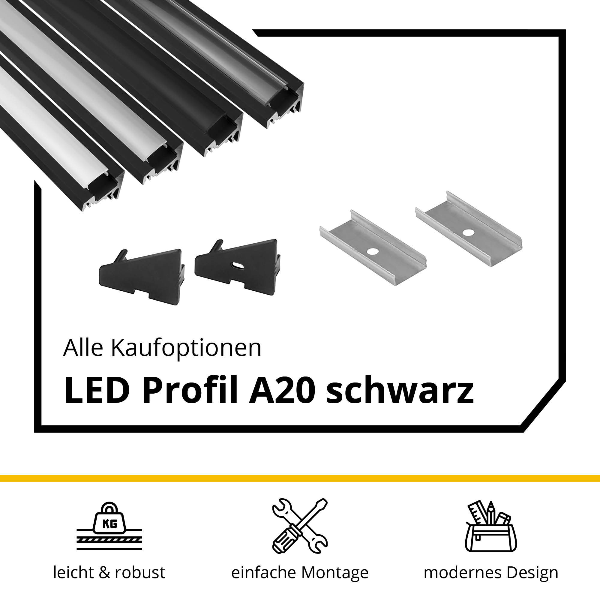 A20 LED Aluprofil Schwarz Eckprofil 30° A20 LED Aluprofil Schwarz Eckprofil 30° 2m milky