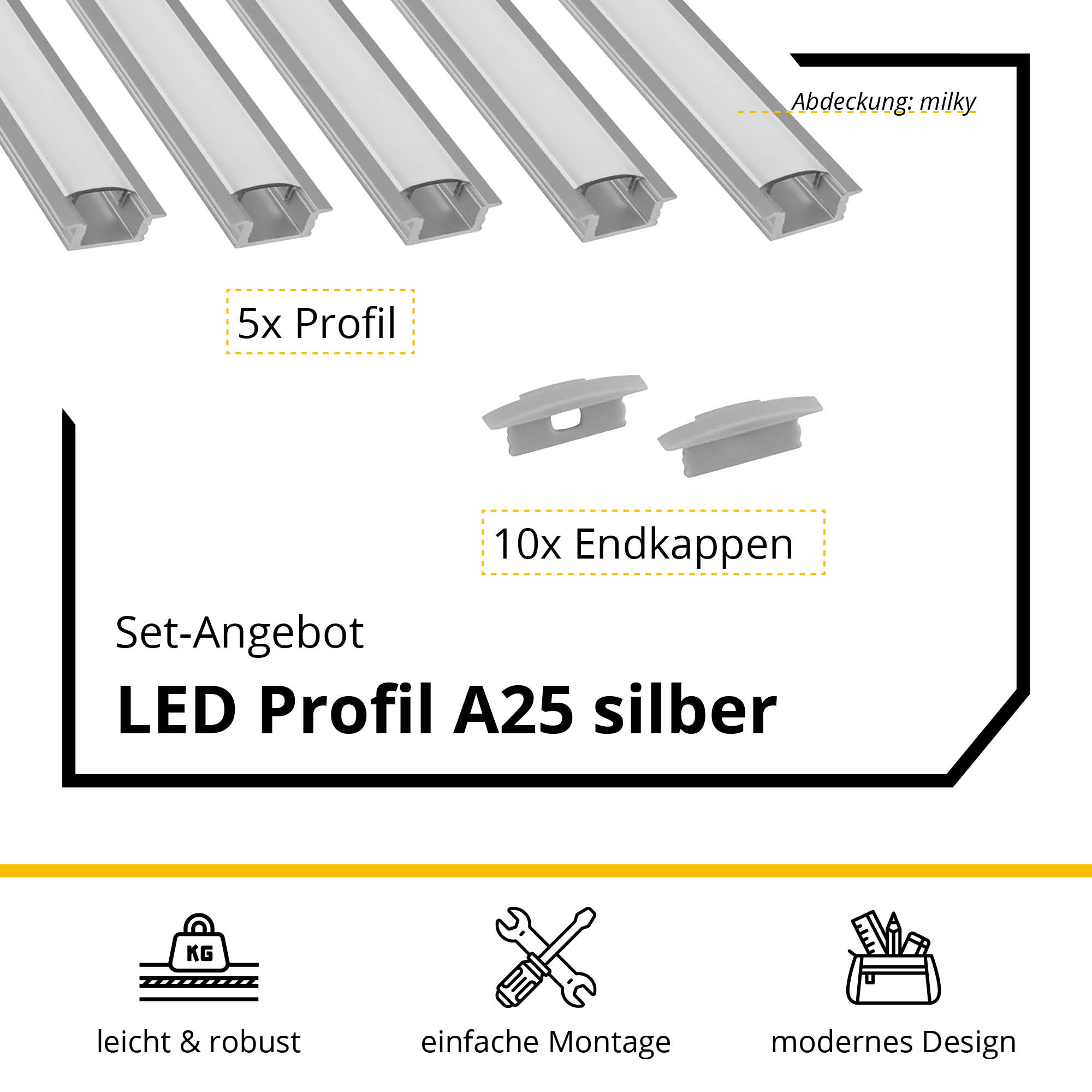 5x A25 LED Profil 2m - Silber inkl. Abdeckung milky & Endkappen