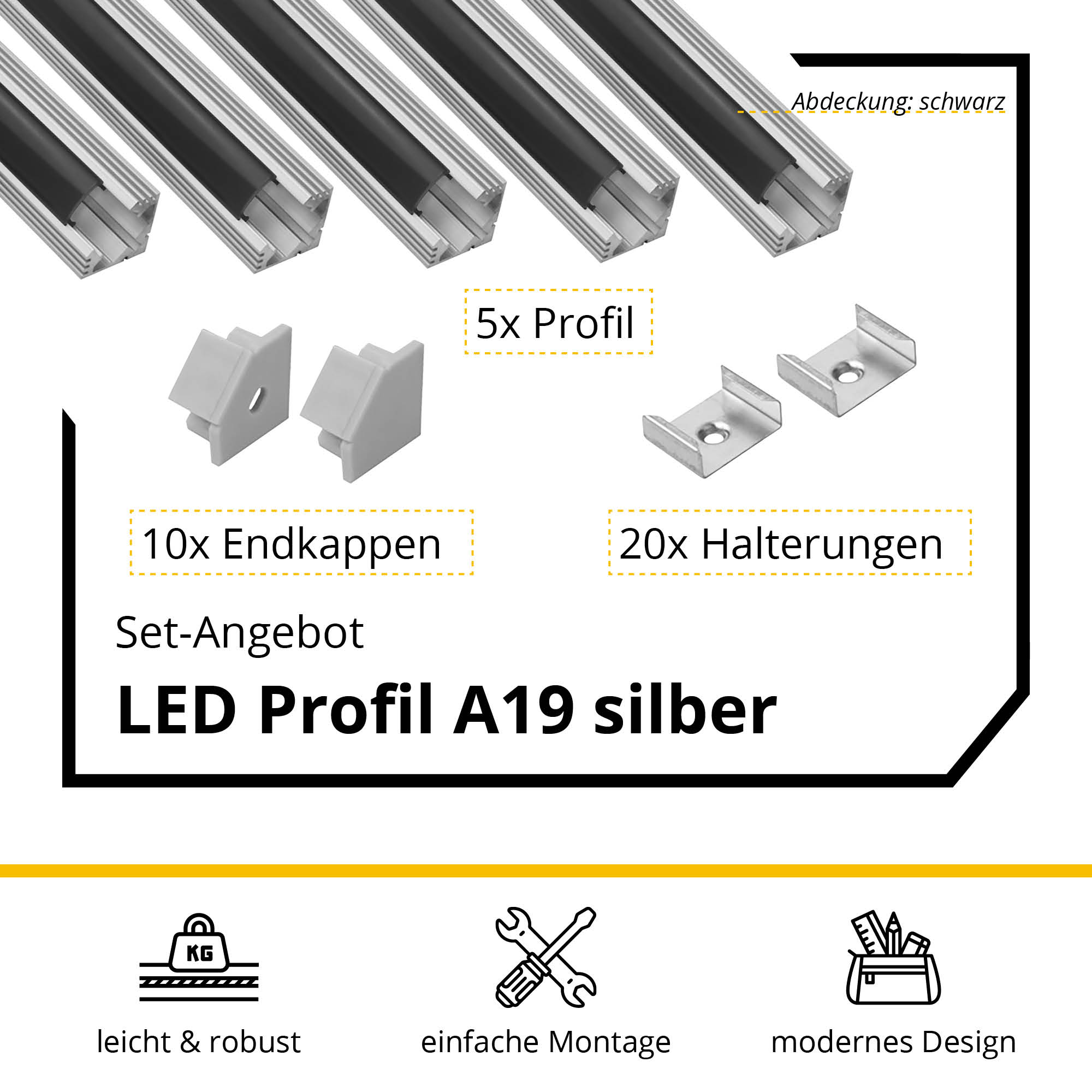 5x A19 LED Profil 2m - Silber inkl. Abdeckung, Halter & Endkappen 5x A19 LED Profil 2m - Silber inkl. Abdeckung schwarz, Halter & Endkappen