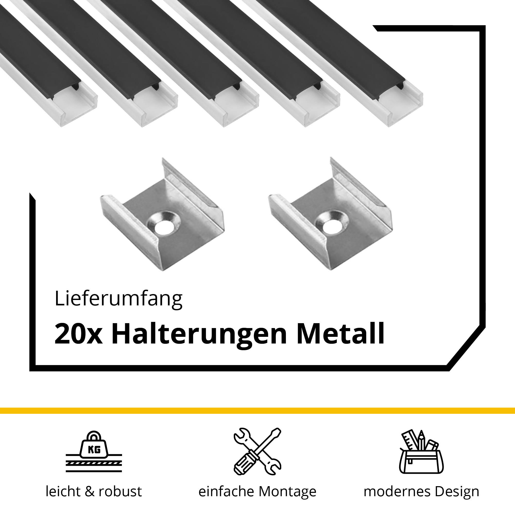 5x A15 LED Profil 2m - Weiss inkl. Abdeckung schwarz, Halter & Endkappen 5x A15 LED Profil 2m - Weiss inkl. Abdeckung schwarz, Halter & Endkappen