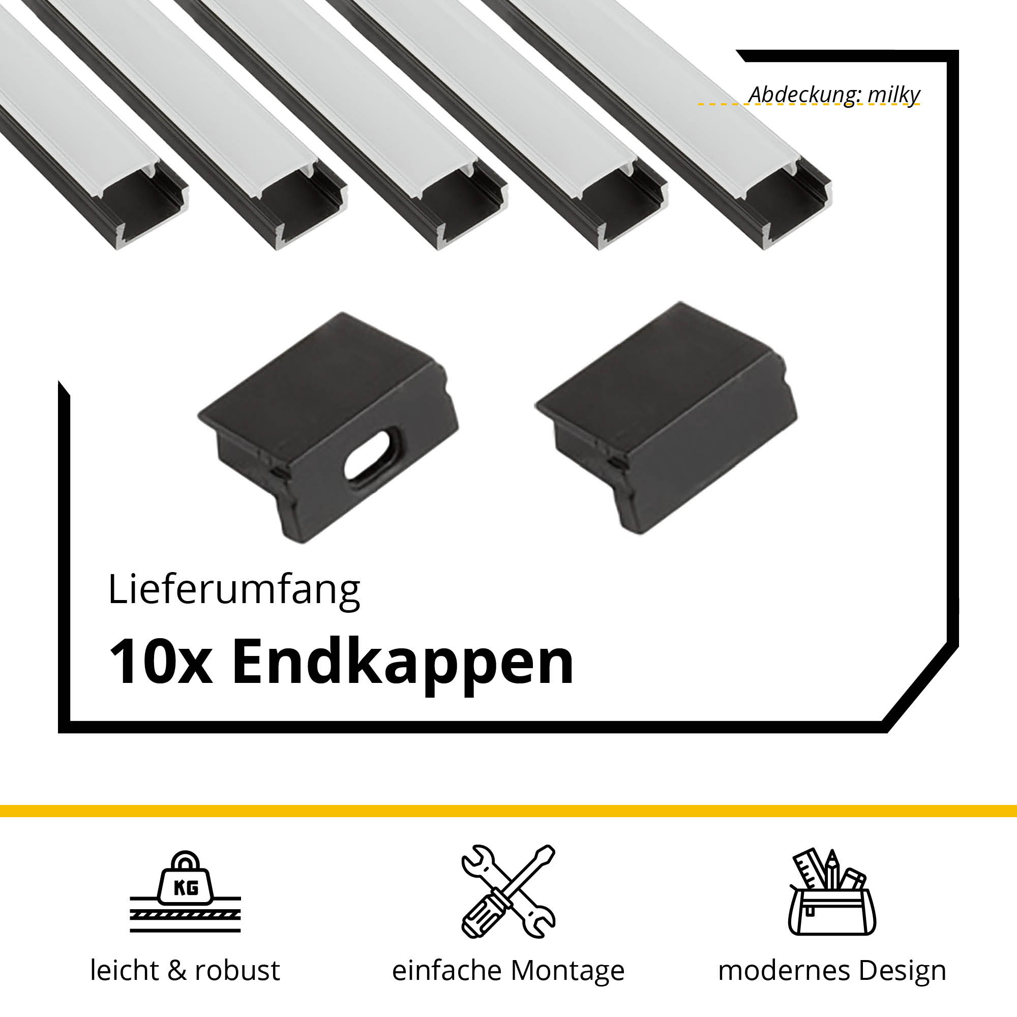 5x A15 LED Profil 2m - Schwarz inkl. Abdeckung milky, Halter & Endkappen