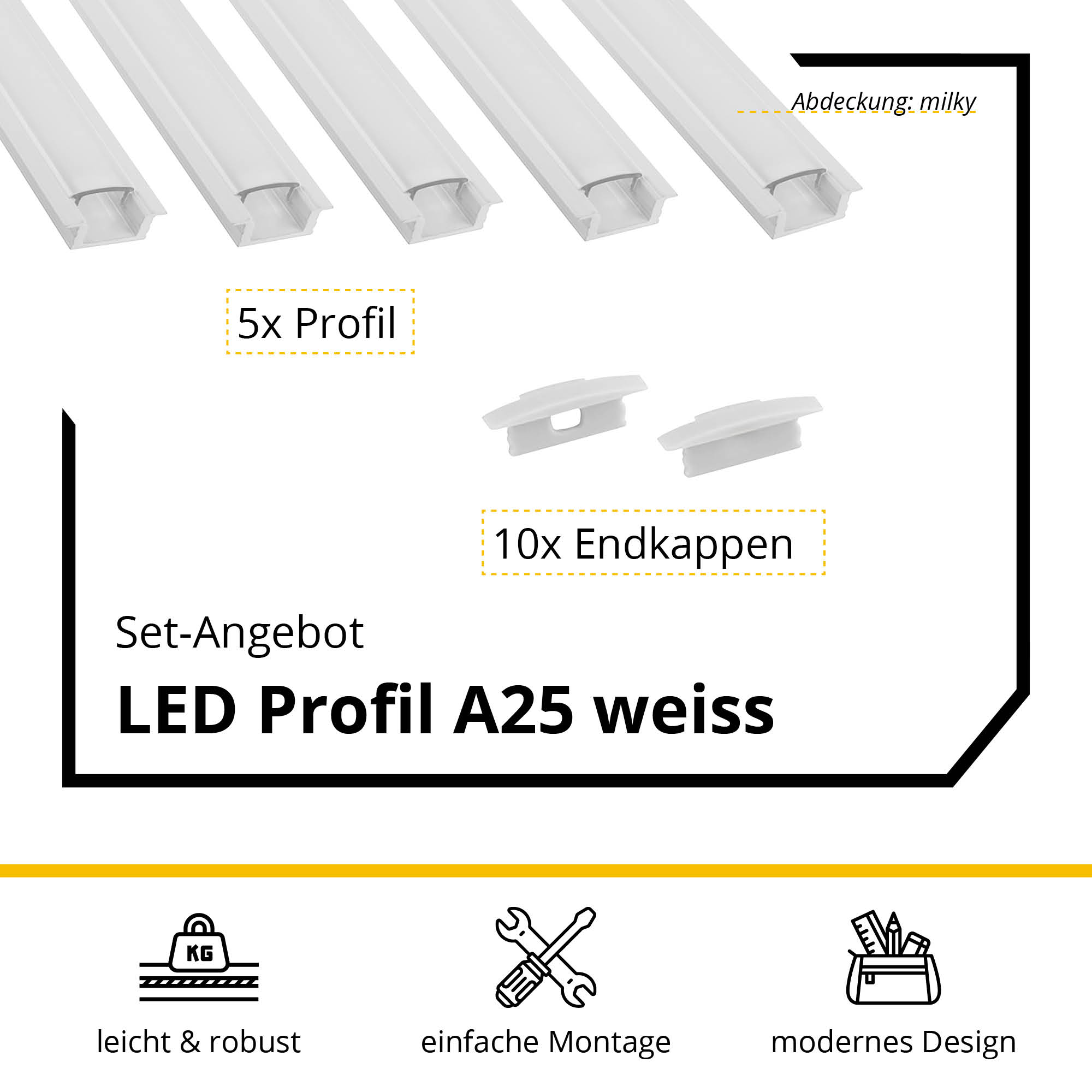 5x A25 LED Profil 2m - Weiss inkl. Abdeckung & Endkappen 5x A25 LED Profil 2m - Weiss inkl. Abdeckung milky & Endkappen