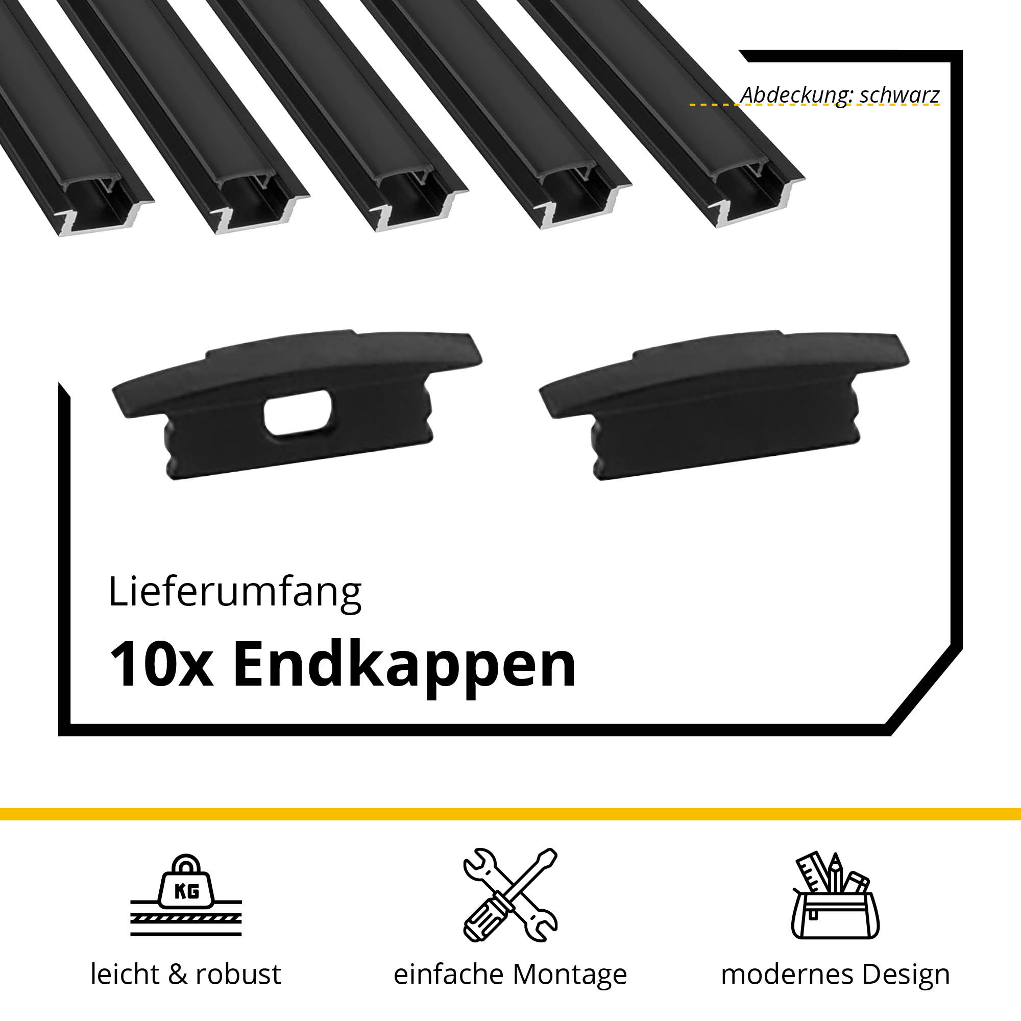 5x A25 LED Profil 2m - Schwarz inkl. Abdeckung schwarz & Endkappen