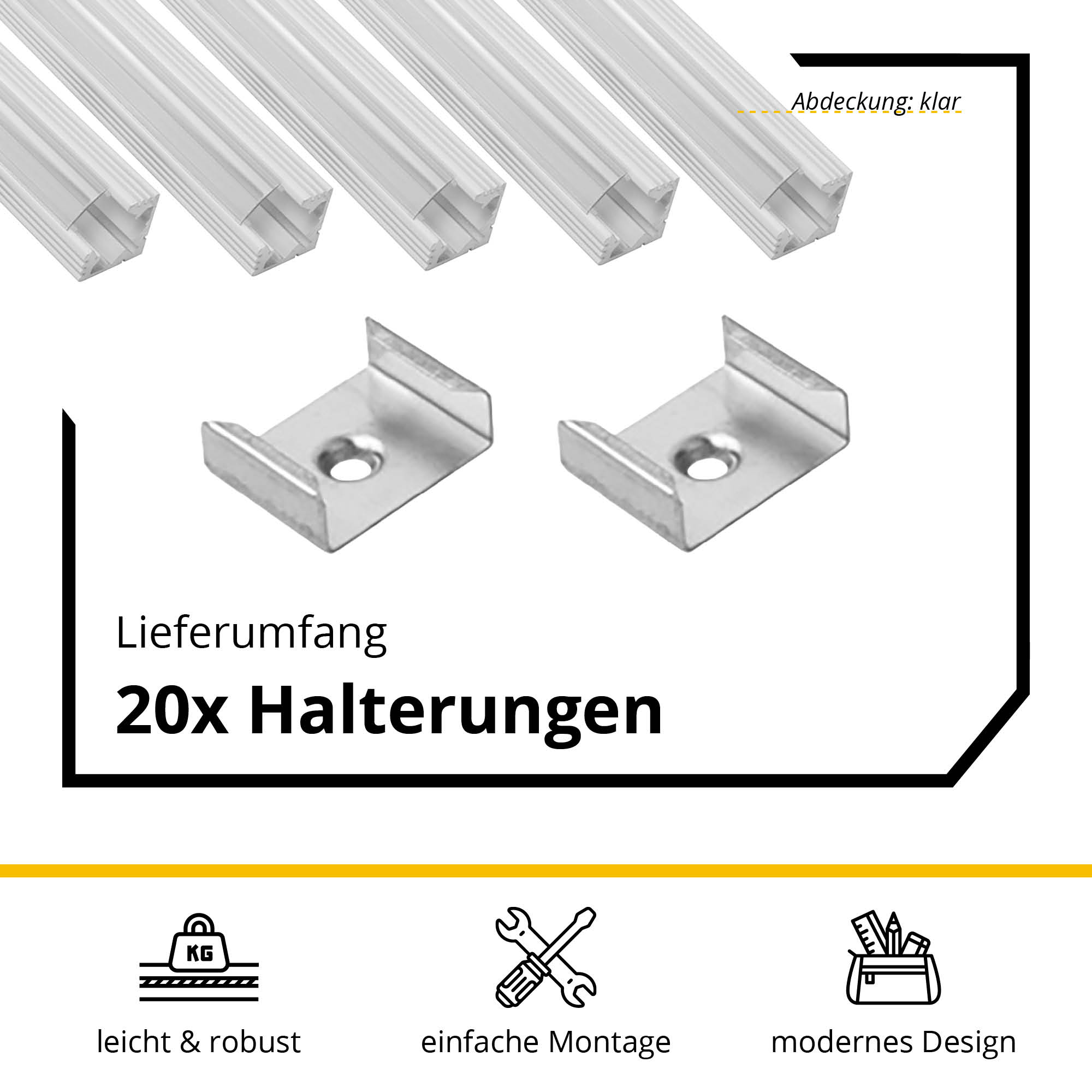 5x A19 LED Profil 2m - Weiss inkl. Abdeckung klar, Halter & Endkappen