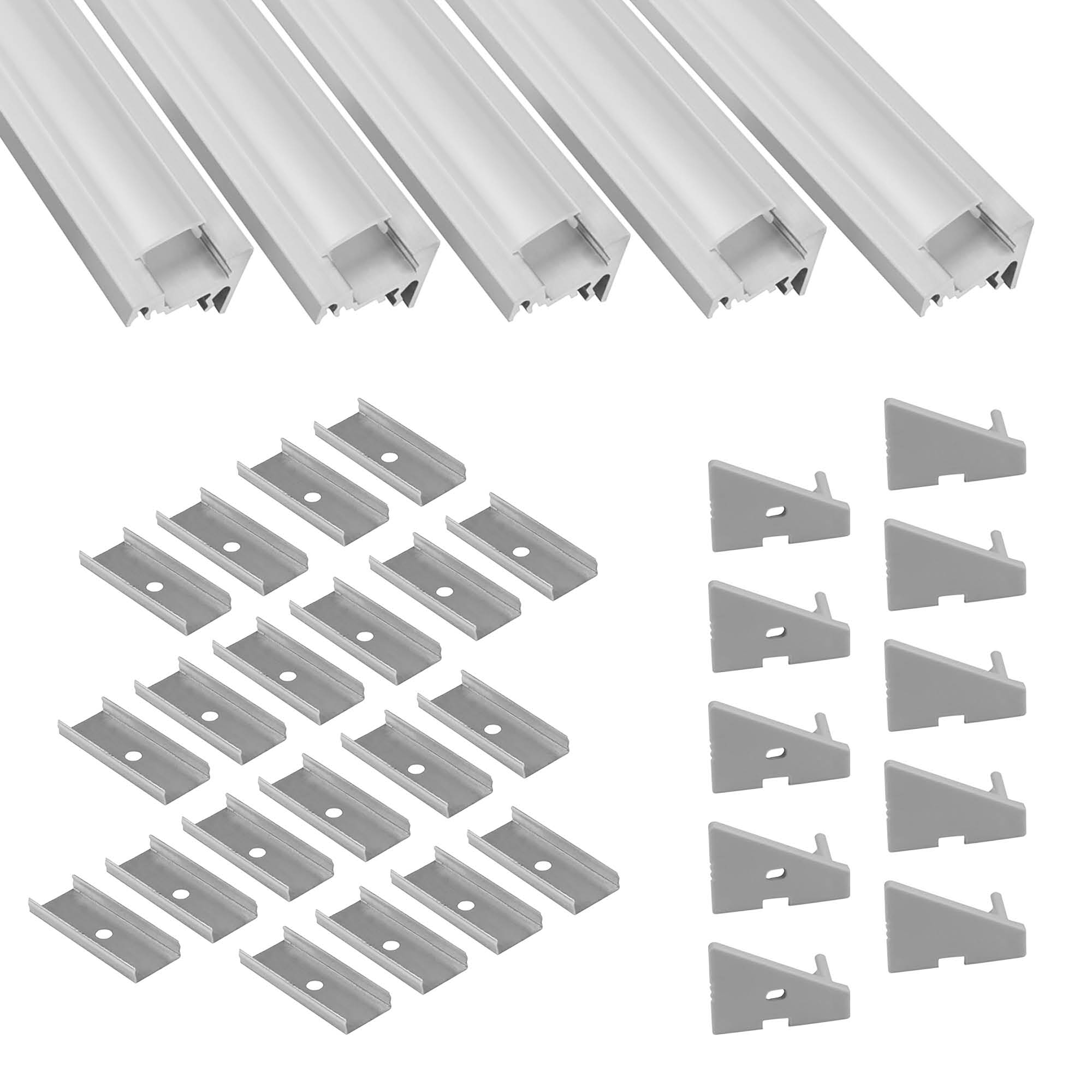 5x A20 LED Profil 2m - Silber inkl. Abdeckung milky, Halter & Endkappen