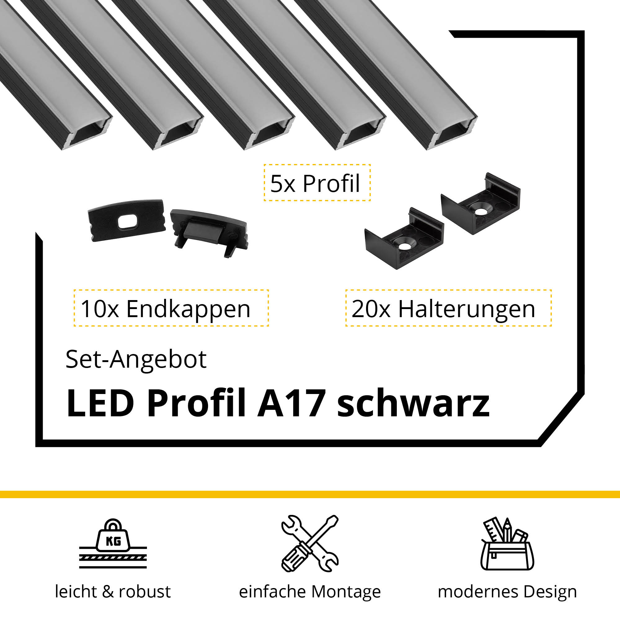 5x A17 LED Profil 2m - Schwarz inkl. Abdeckung opal, Halter & Endkappen