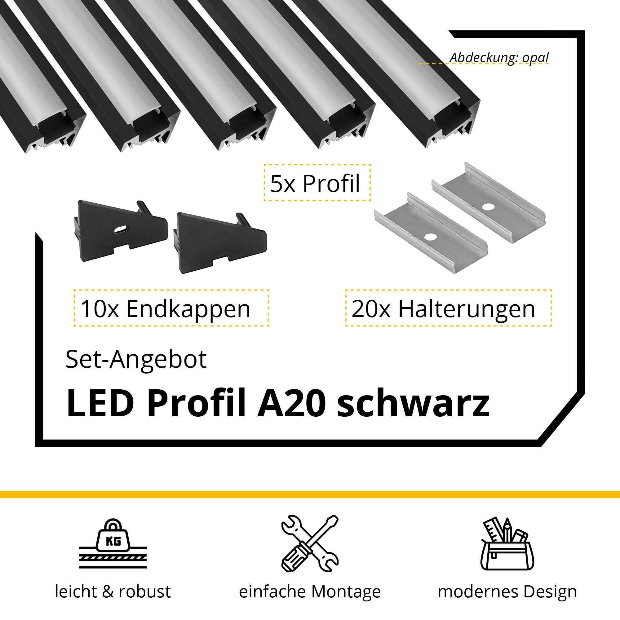 5x A20 LED Profil 2m - Schwarz inkl. Abdeckung, Halter & Endkappen 5x A20 LED Profil 2m - Schwarz inkl. Abdeckung opal, Halter & Endkappen