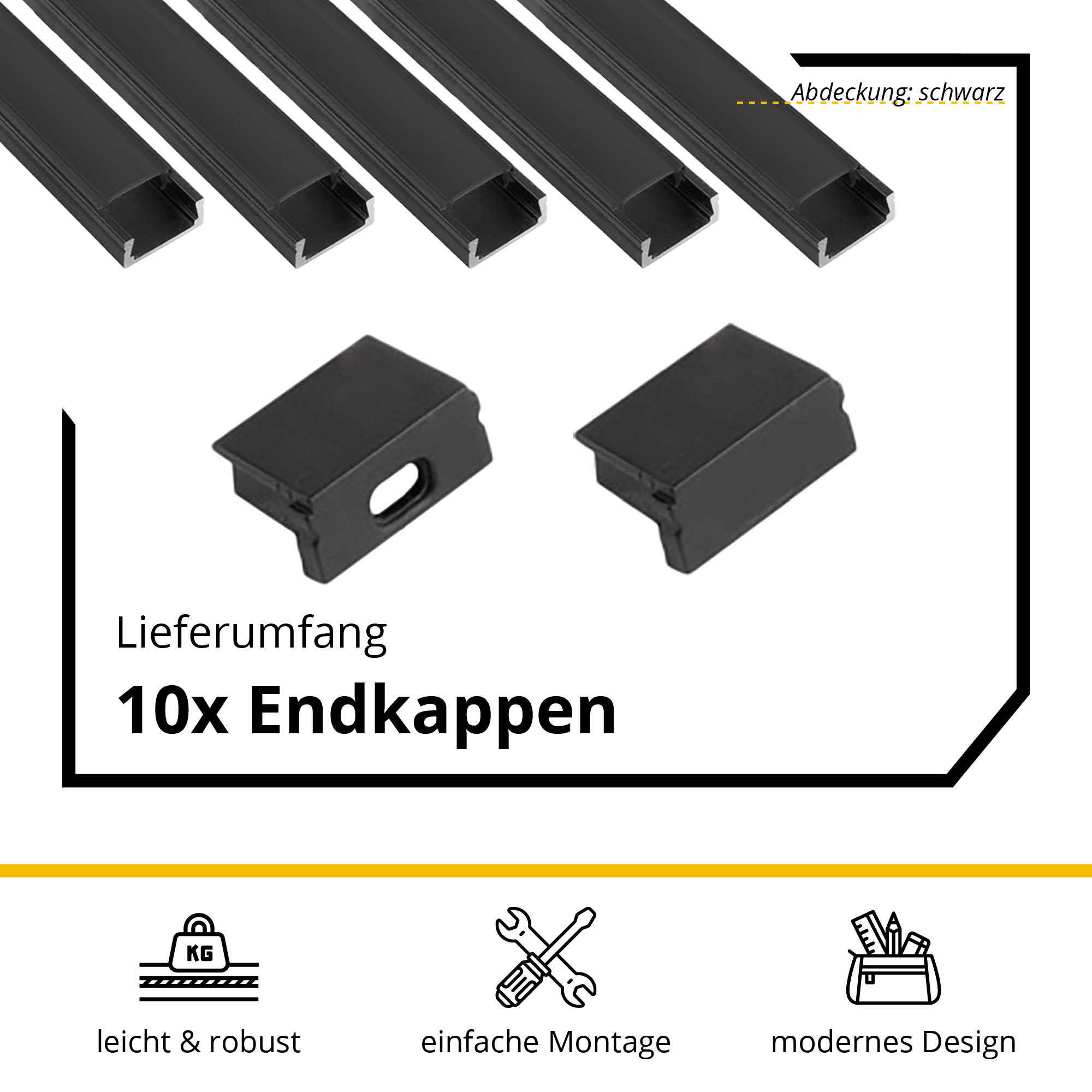 5x A15 LED Profil 2m - Schwarz inkl. Abdeckung schwarz, Halter & Endkappen 5x A15 LED Profil 2m - Schwarz inkl. Abdeckung schwarz, Halter & Endkappen