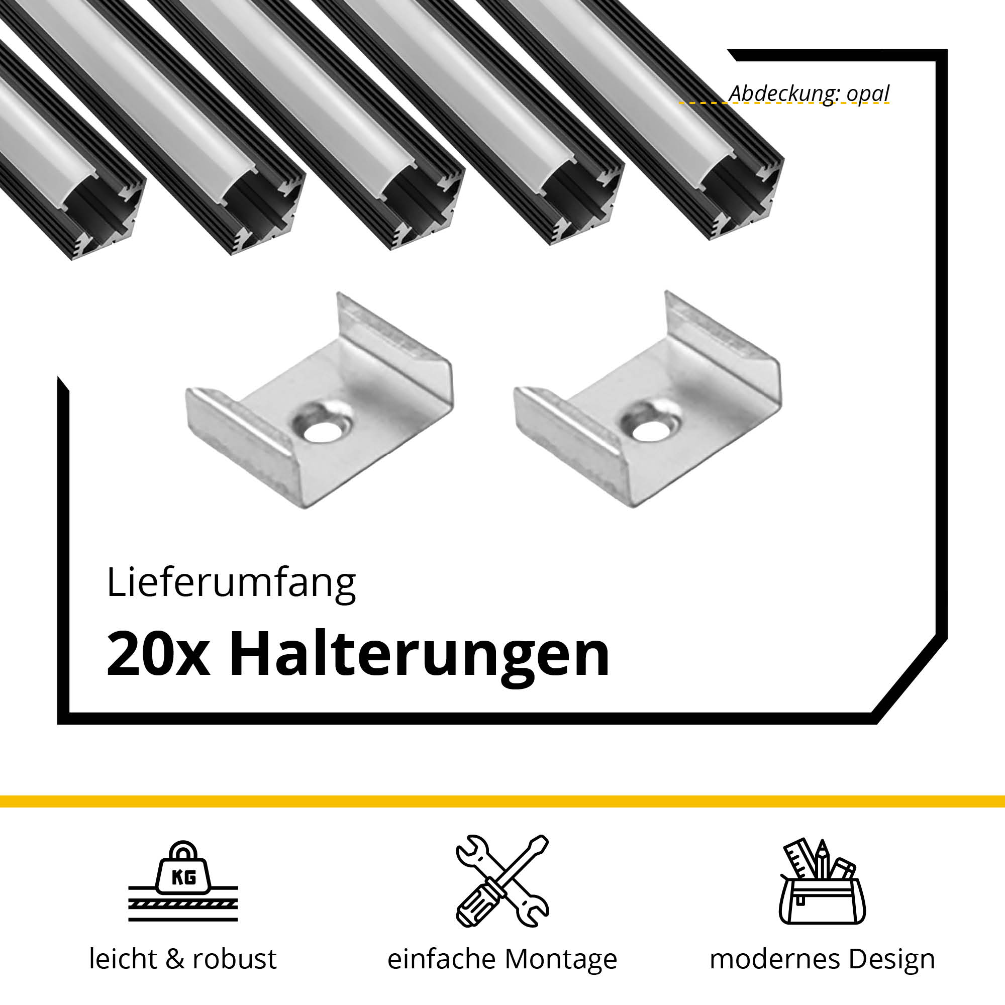 5x A19 LED Profil 2m - Schwarz inkl. Abdeckung opal, Halter & Endkappen 5x A19 LED Profil 2m - Schwarz inkl. Abdeckung opal, Halter & Endkappen