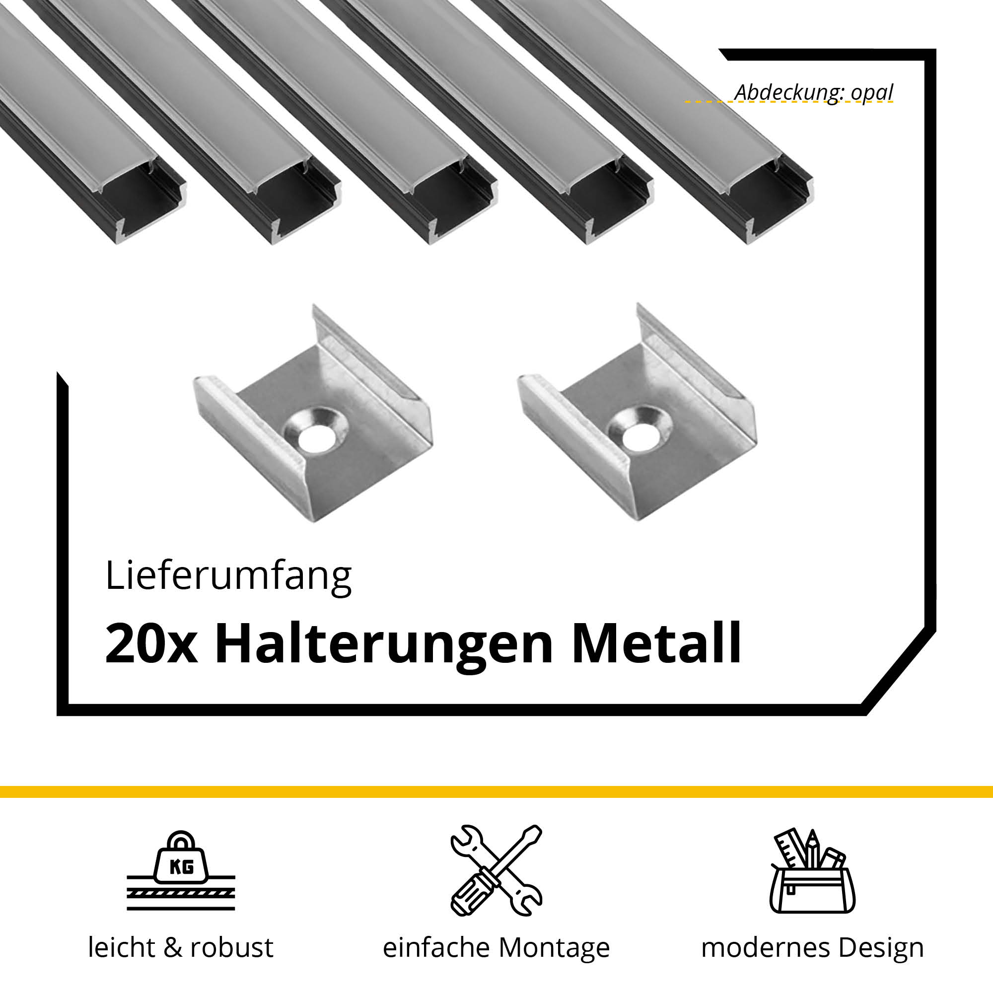 5x A15 LED Profil 2m - Schwarz inkl. Abdeckung opal, Halter & Endkappen 5x A15 LED Profil 2m - Schwarz inkl. Abdeckung opal, Halter & Endkappen