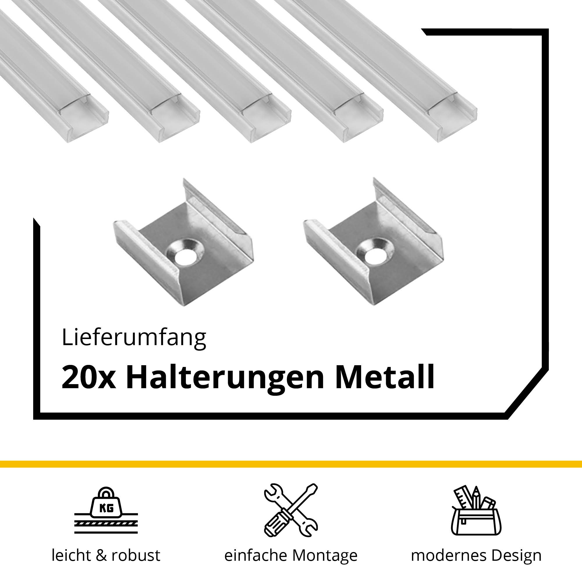 5x A15 LED Profil 2m - Weiss inkl. Abdeckung klar, Halter & Endkappen