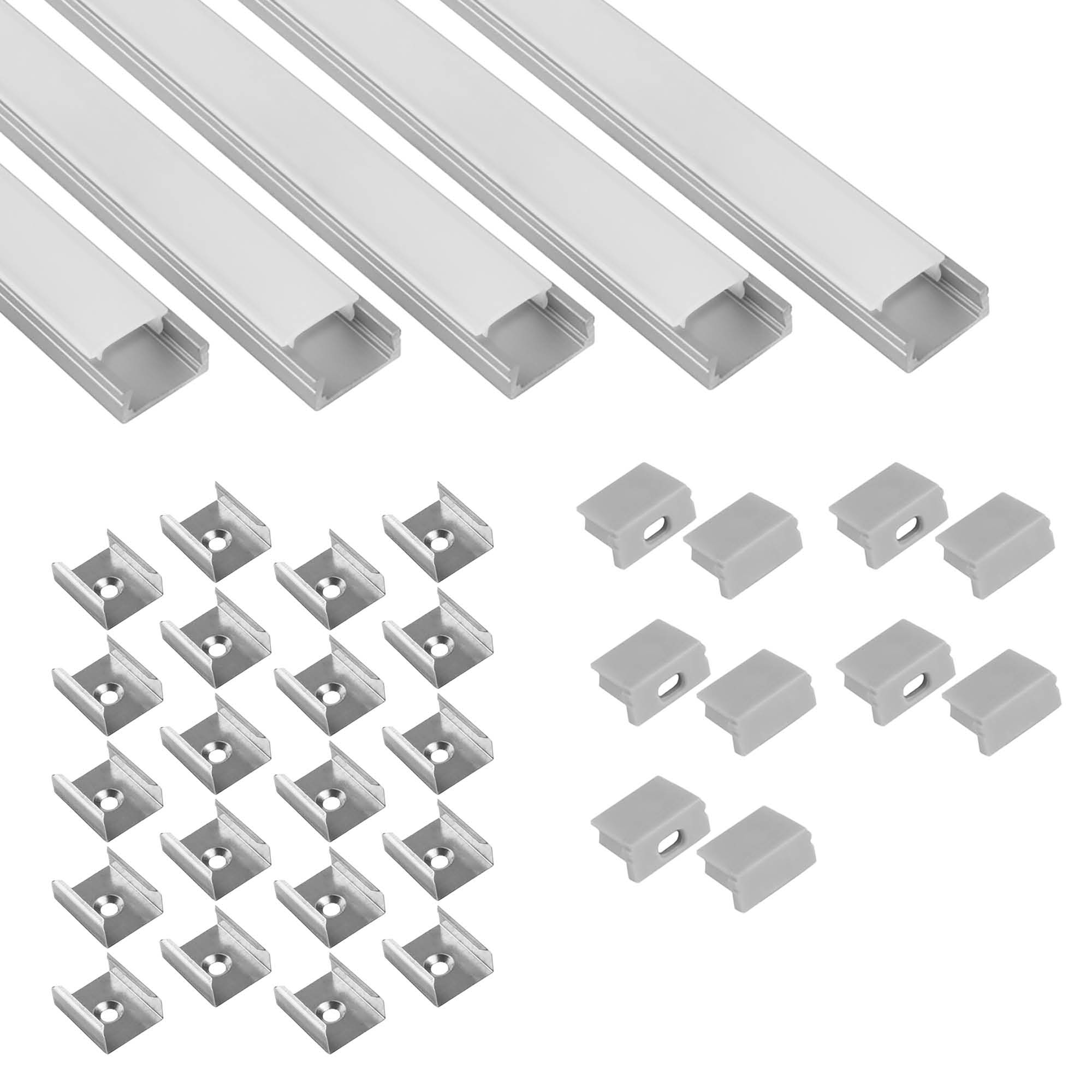 5x A15 LED Profile 2m - Silver incl. milky cover, clips & end caps