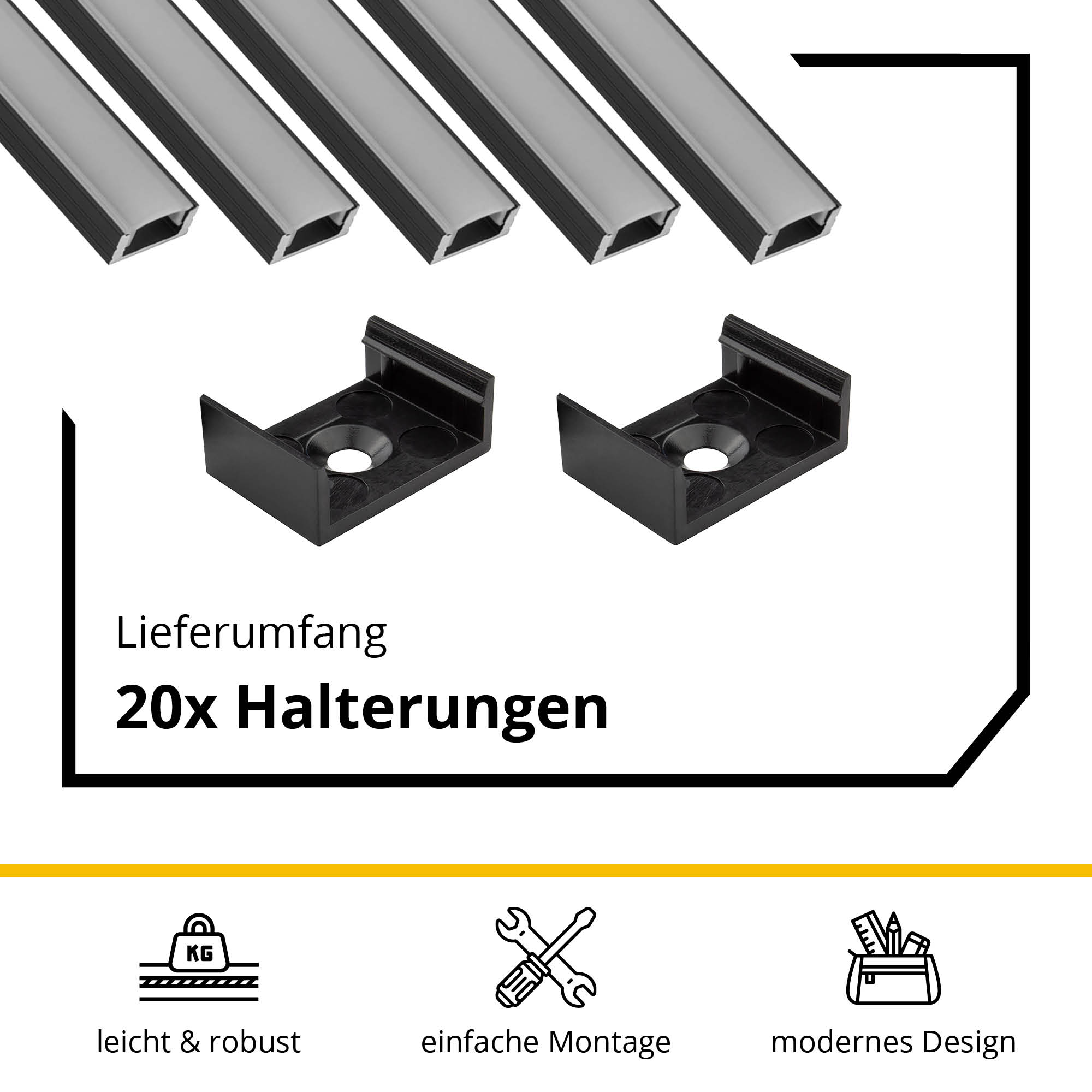 5x A17 LED Profil 2m - Schwarz inkl. Abdeckung opal, Halter & Endkappen