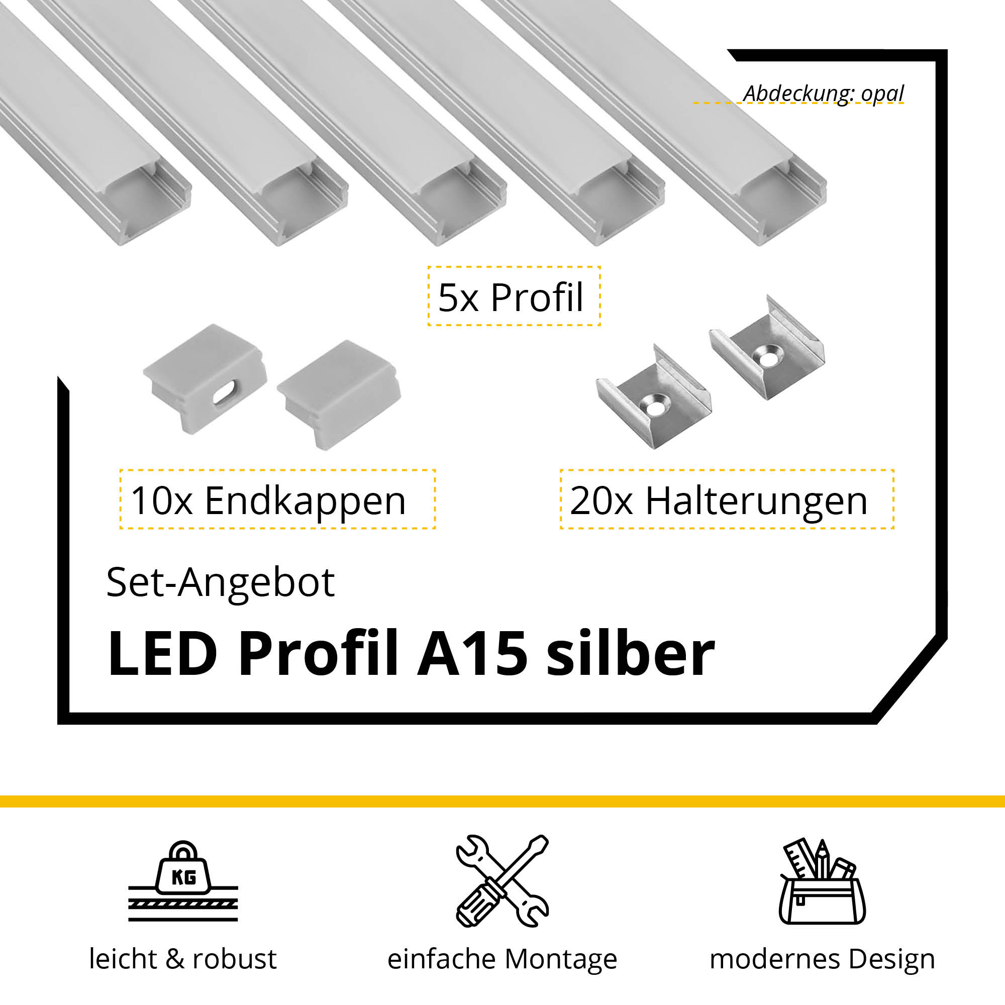 5x A15 LED Profile 2m - Silver incl. Cover, Mounts & End Caps 5x A15 LED profile 2m - Silver incl. opal cover, clips & end caps