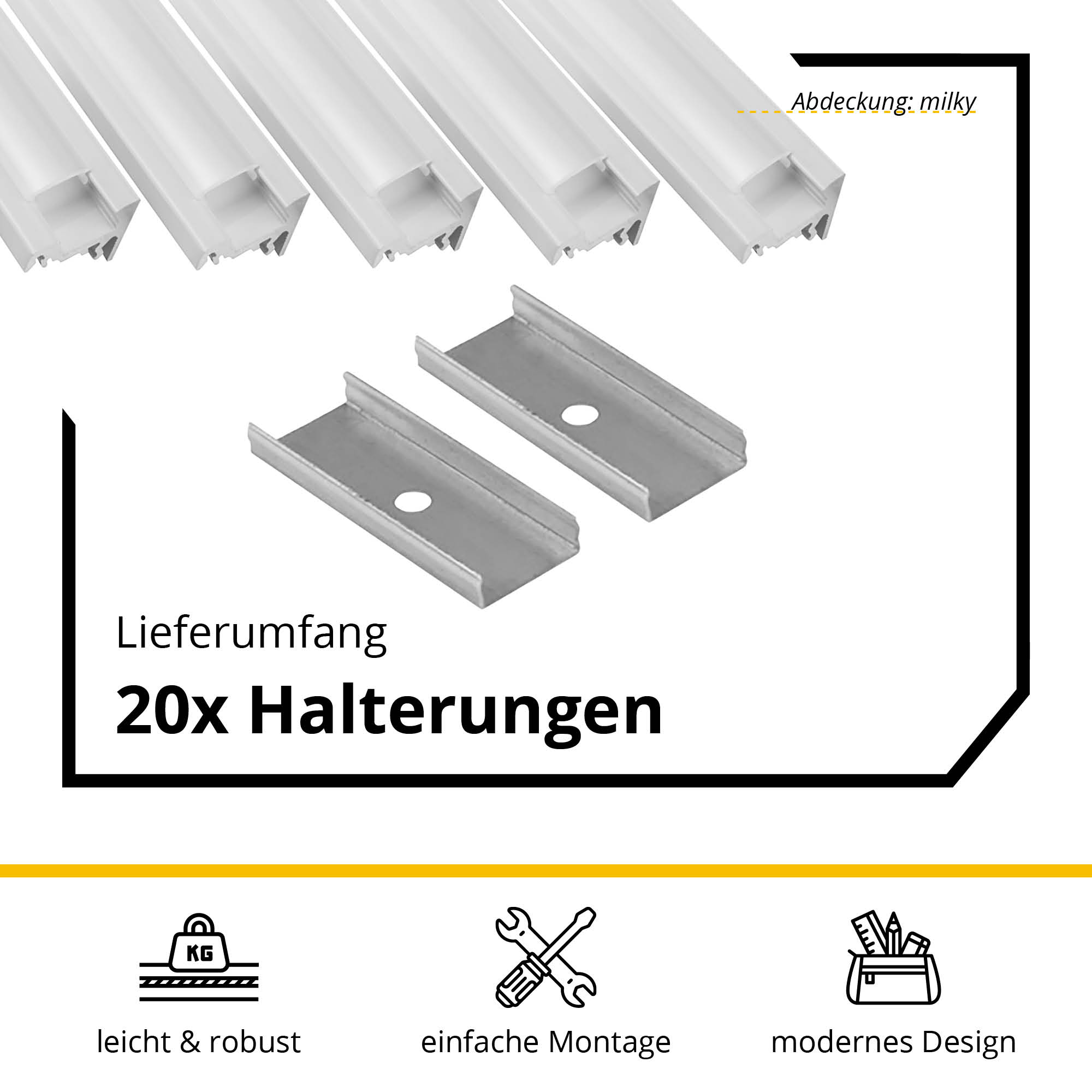 5x A20 LED Profil 2m - Weiss inkl. Abdeckung milky, Halter & Endkappen