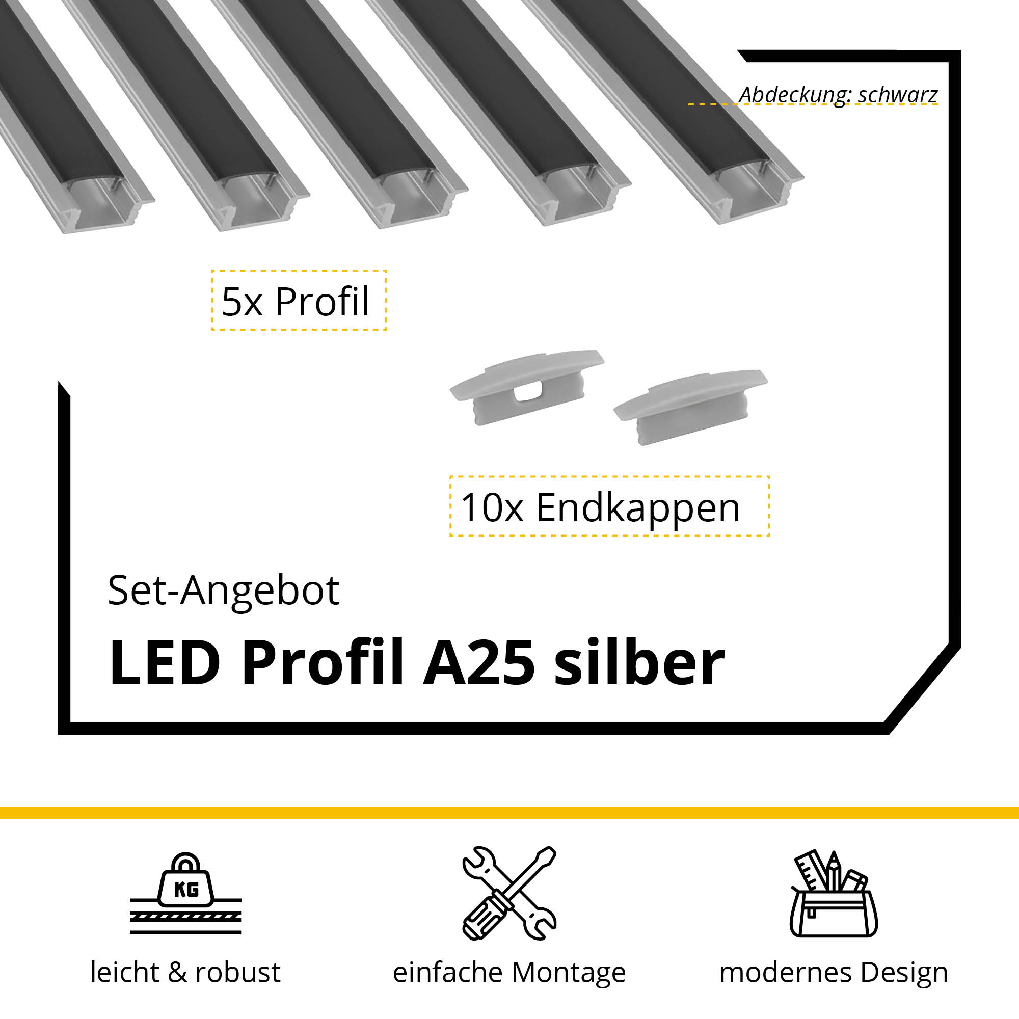 5x A25 LED Profil 2m - Silber inkl. Abdeckung schwarz & Endkappen