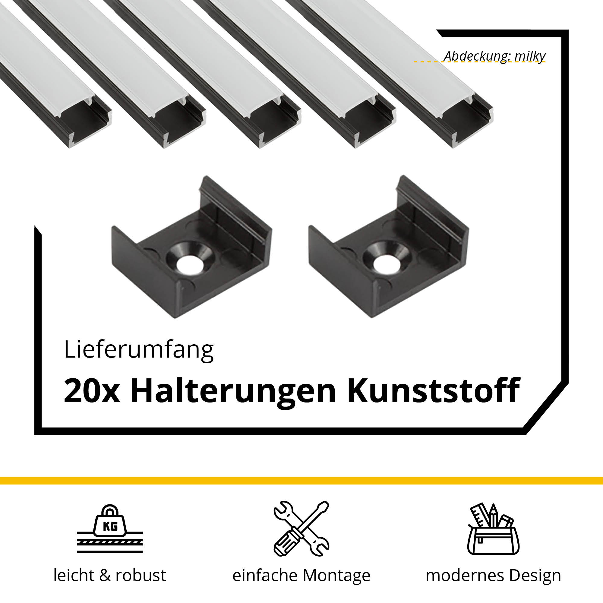 5x A15 LED Profil 2m - Schwarz inkl. Abdeckung milky, Halter & Endkappen