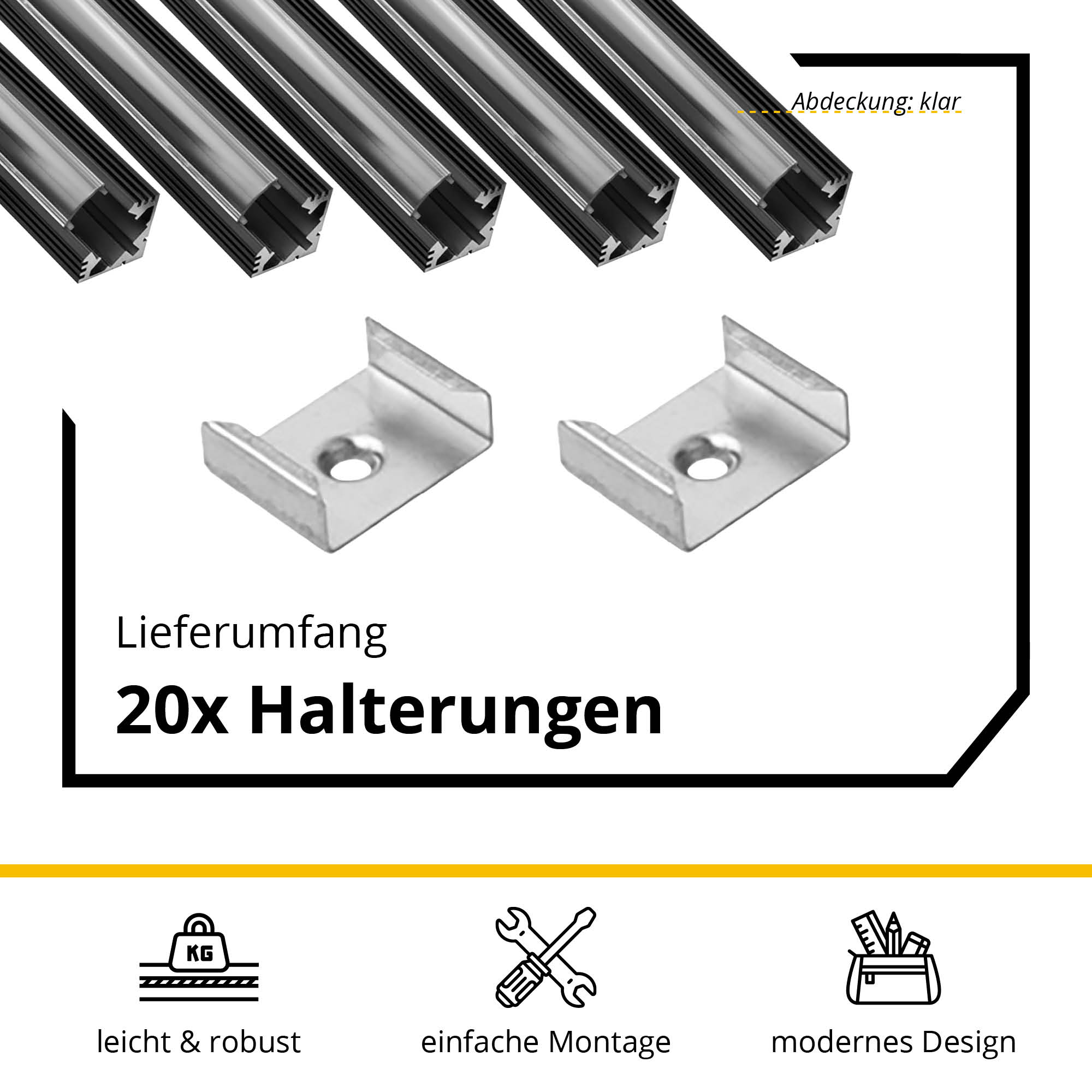 5x A19 LED Profil 2m - Schwarz inkl. Abdeckung klar, Halter & Endkappen