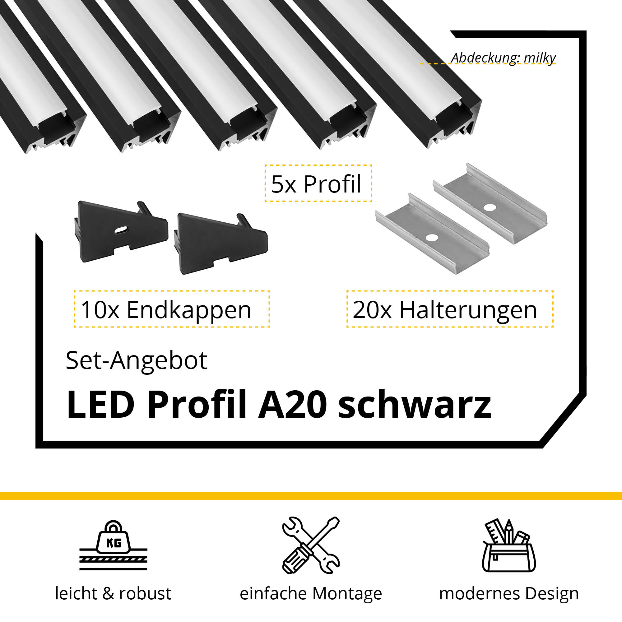 5x A20 LED Profil 2m - Schwarz inkl. Abdeckung, Halter & Endkappen 5x A20 LED Profil 2m - Schwarz inkl. Abdeckung milky, Halter & Endkappen