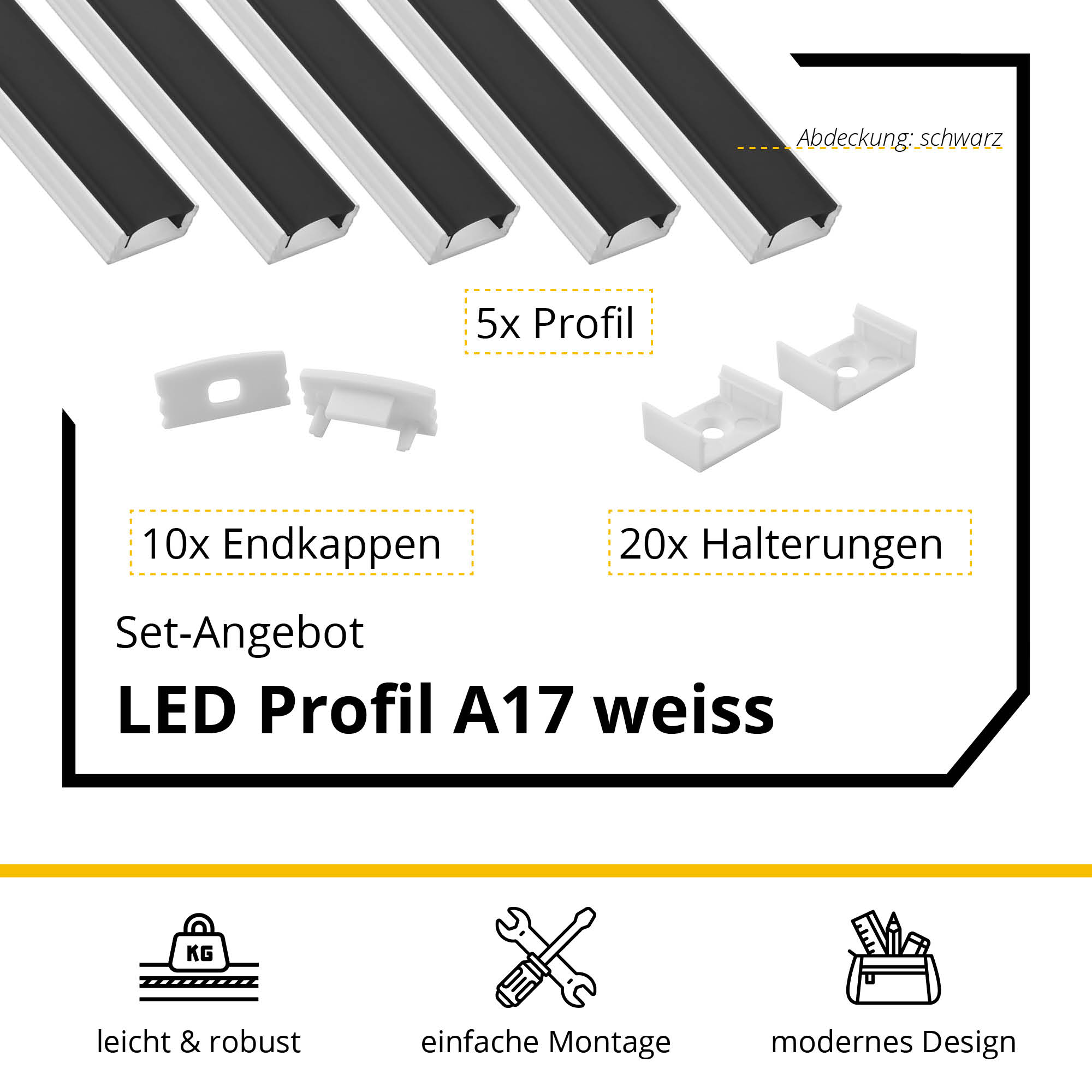 5x A17 LED Profil 2m - Weiss inkl. Abdeckung, Halter & Endkappen 5x A17 LED Profil 2m - Weiss inkl. Abdeckung schwarz, Halter & Endkappen