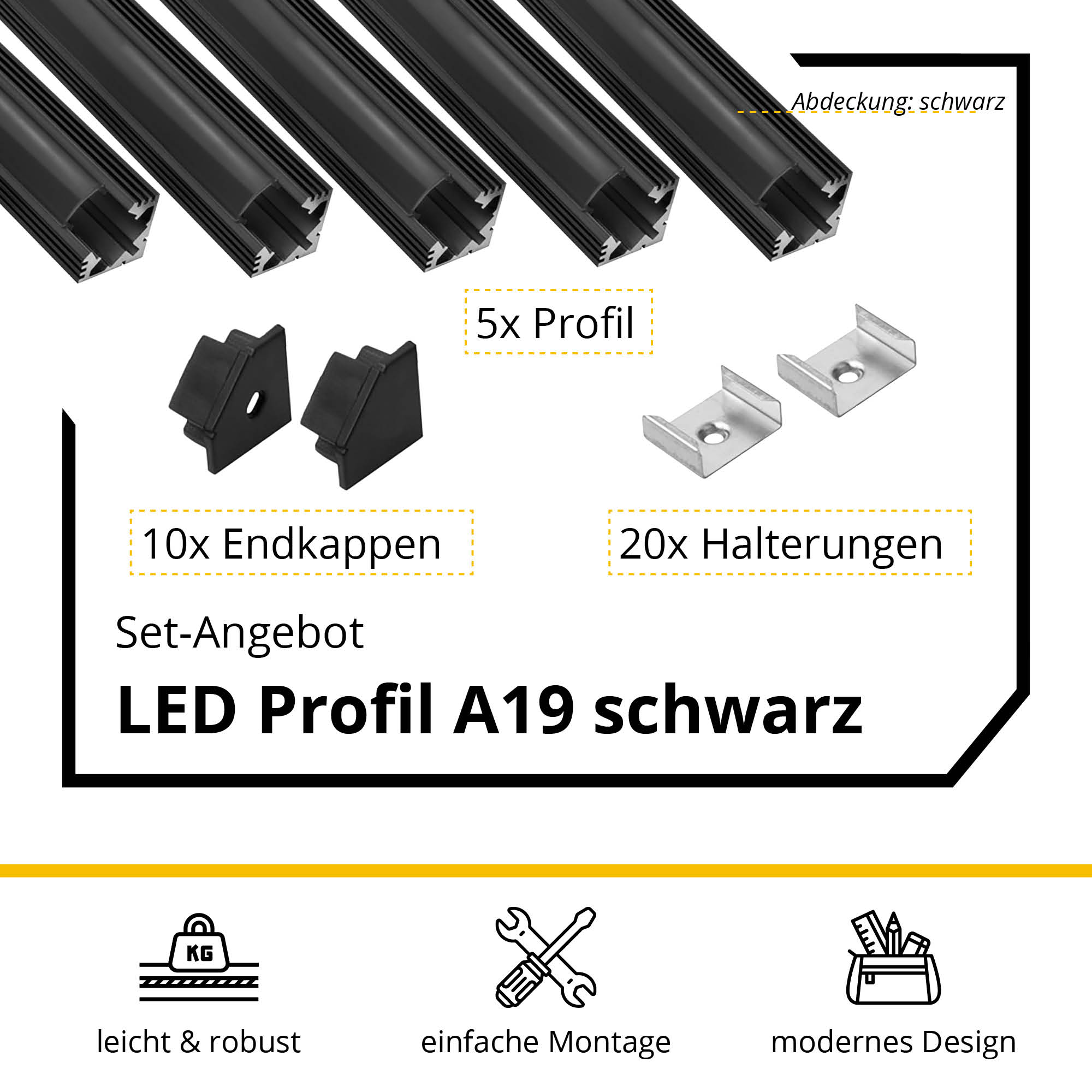 5x A19 LED Profil 2m - Schwarz inkl. Abdeckung schwarz, Halter & Endkappen
