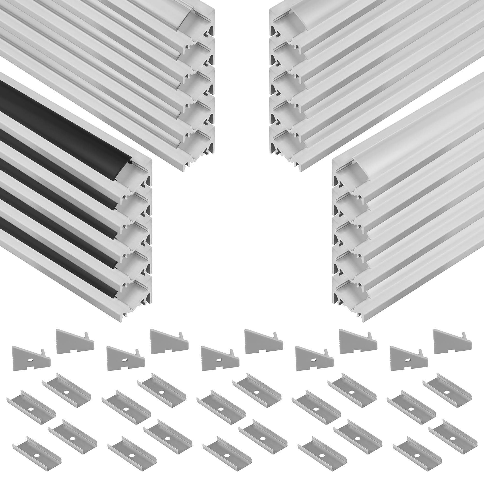 5x A20 LED Profil 2m - Silber inkl. Abdeckung, Halter & Endkappen