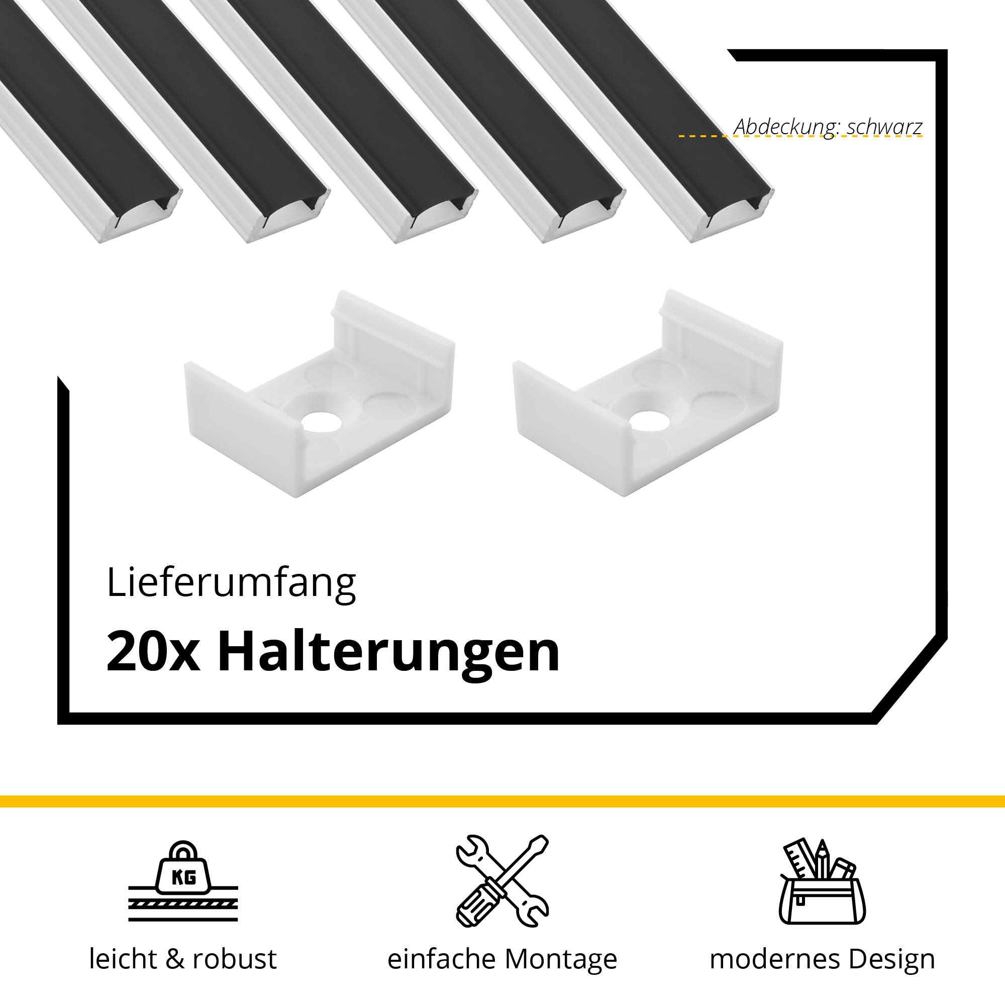 5x A17 LED Profil 2m - Weiss inkl. Abdeckung schwarz, Halter & Endkappen 5x A17 LED Profil 2m - Weiss inkl. Abdeckung schwarz, Halter & Endkappen