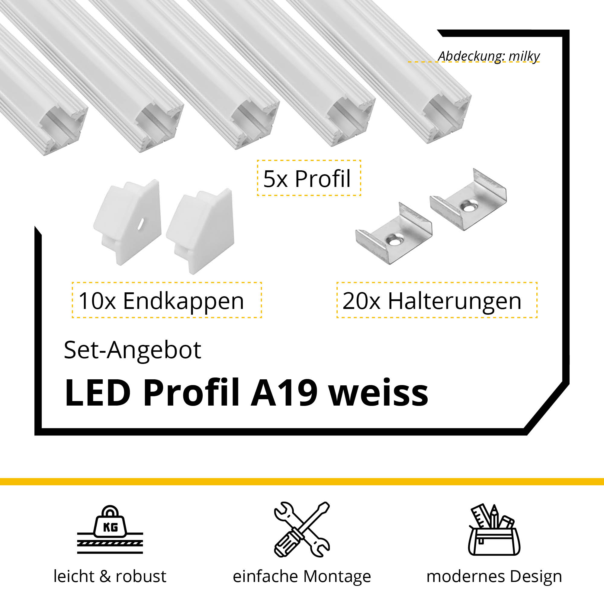 5x A19 LED Profil 2m - Weiss inkl. Abdeckung, Halter & Endkappen 5x A19 LED Profil 2m - Weiss inkl. Abdeckung milky, Halter & Endkappen