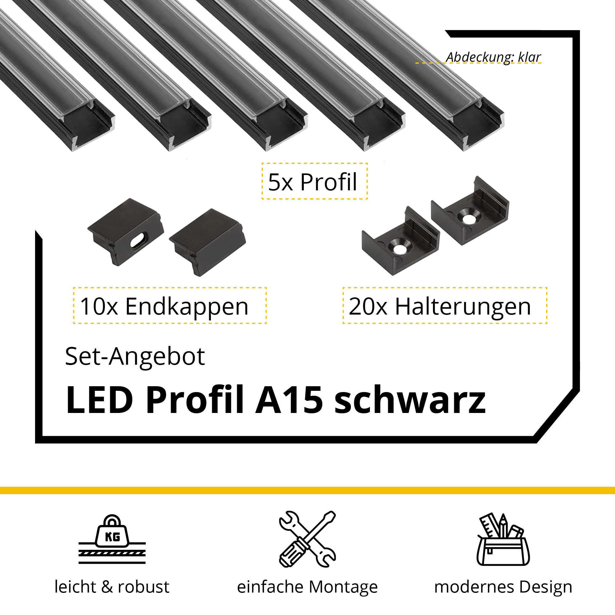 5x A15 LED Profil 2m - Schwarz inkl. Abdeckung, Halter & Endkappen 5x A15 LED Profil 2m - Schwarz inkl. Abdeckung klar, Halter & Endkappen