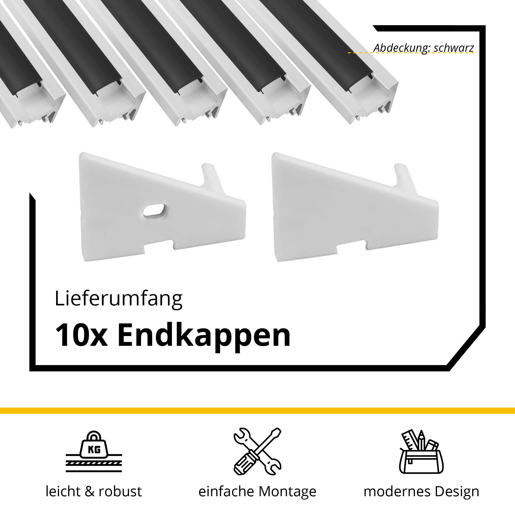 5x A20 LED Profil 2m - Weiss inkl. Abdeckung schwarz, Halter & Endkappen